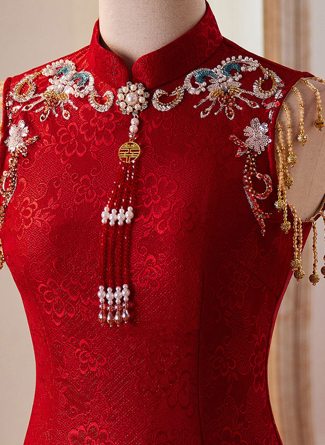Elegant Red Lace Tassels Midi Wedding Cheongsam Qipao Dress - Vintage Chinese Style Bridal Gown for Wedding Ceremony, Engagement Party & Special Occasions