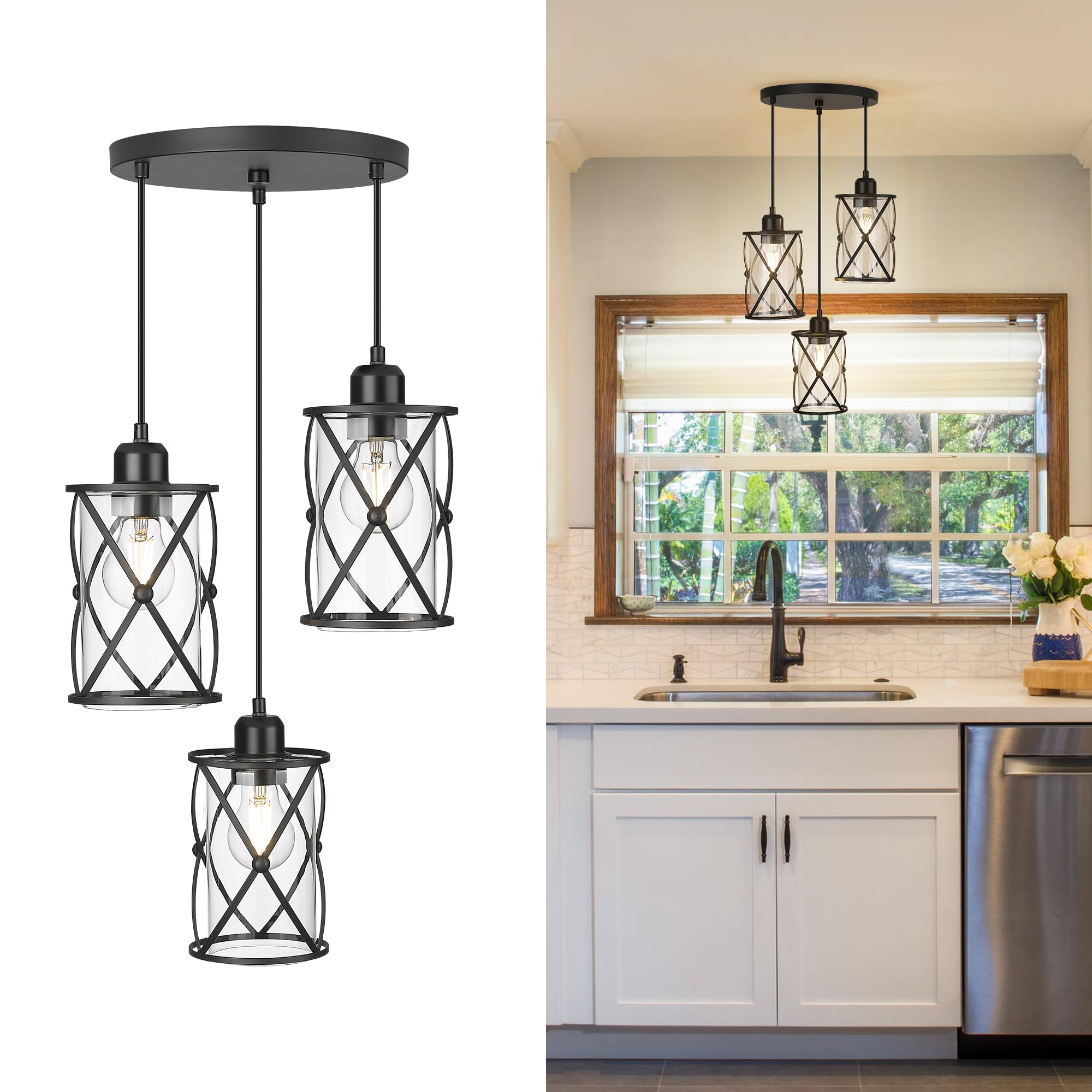 3-Light Black Industrial Pendant Lighting - Modern Adjustable Farmhouse Ceiling Light Fixture with Clear Glass Shades for Kitchen Island, Dining Room & Bar Counter | CH9176BK3