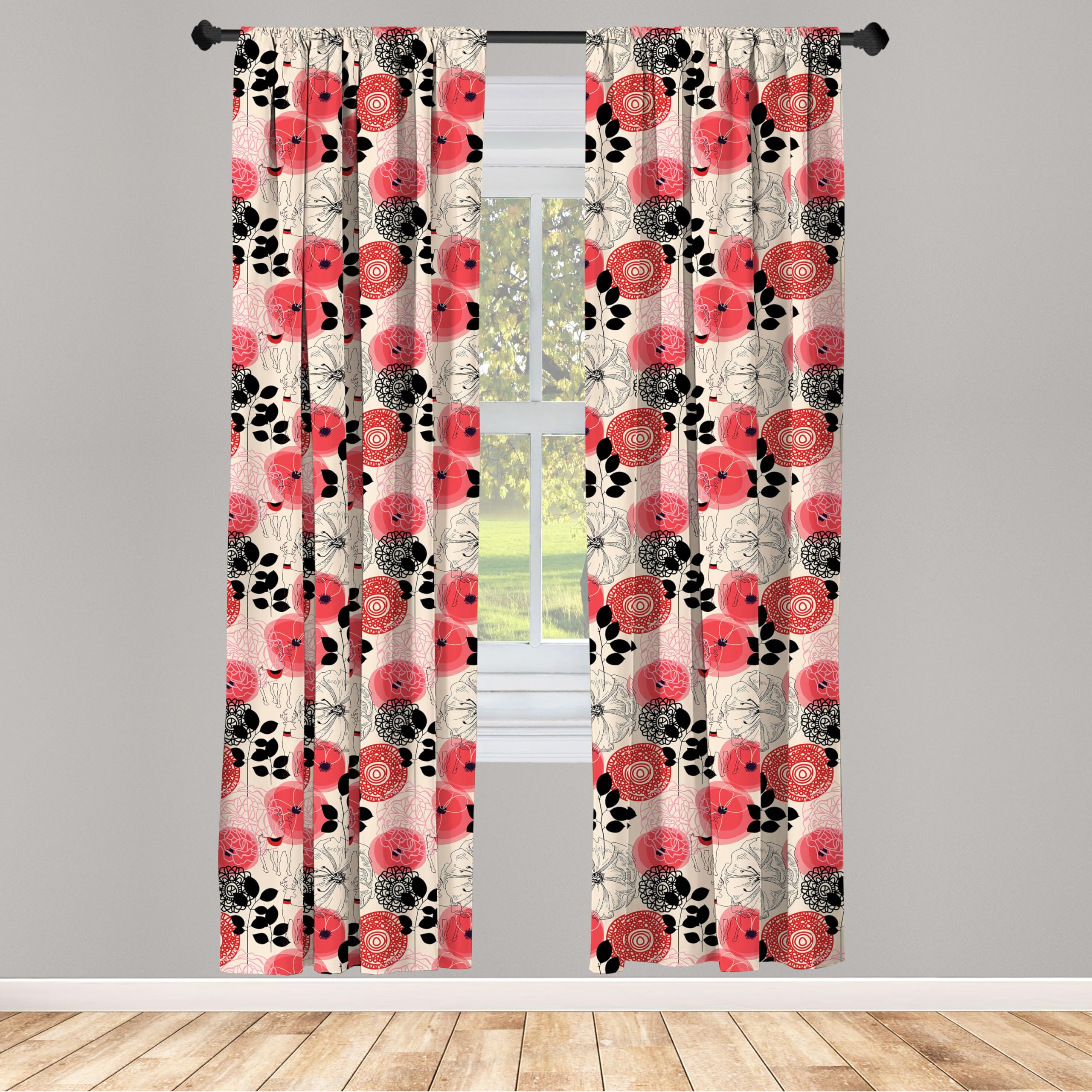 Ambesonne Floral Window Curtains - Modern Abstract Circle Flower Design with Leaves, Pink and Black Lightweight Decor (2 Panels, 28