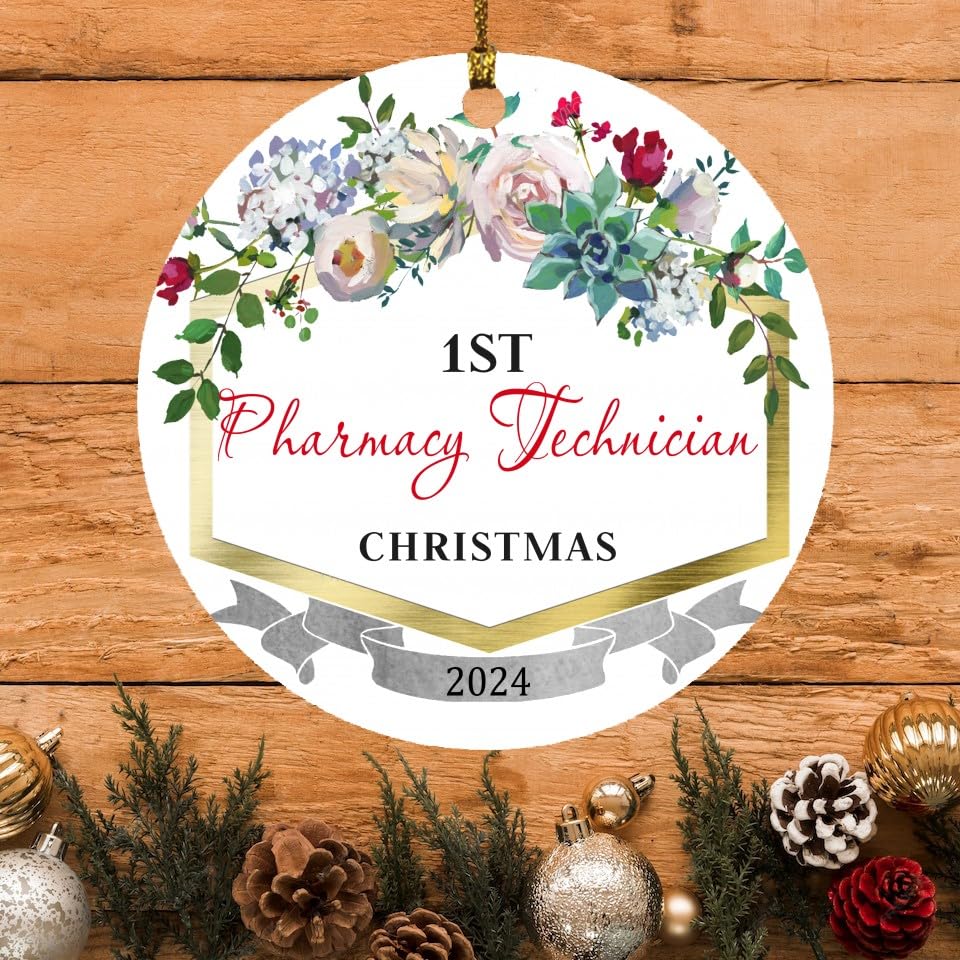 Pharmacy Technician Christmas Ornament - First Christmas as Pharmacy Technician - New Job Keepsake - 3 Inch Round Ceramic Ornament - Perfect Gift for Medical Professionals & Graduates (2024 Edition)