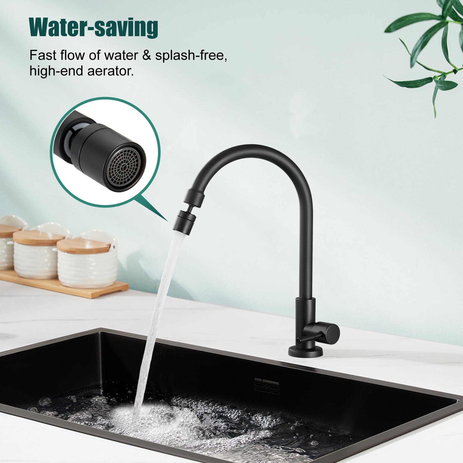 360° Swivel Matte Black High Arc Kitchen Faucet - Cold Water Only, Brass Goose Neck Sink Tap for Modern Home & Restaurant Use