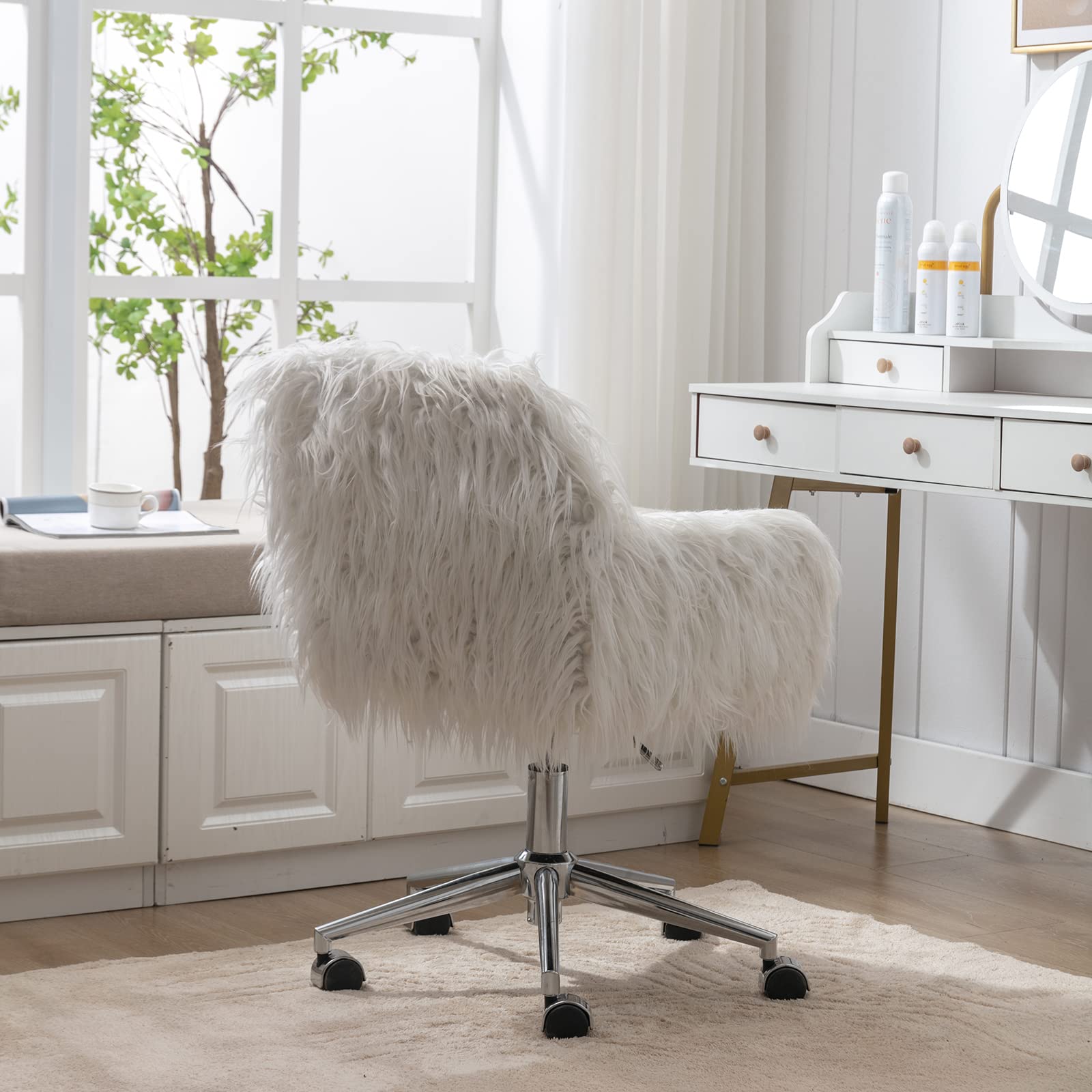 White Faux Fur Desk Chair with Wheels - Modern Adjustable Swivel Vanity Chair for Women & Girls, Ergonomic Office Task Chair with Arms - Perfect for Home Office, Bedroom, and Makeup Station (White)