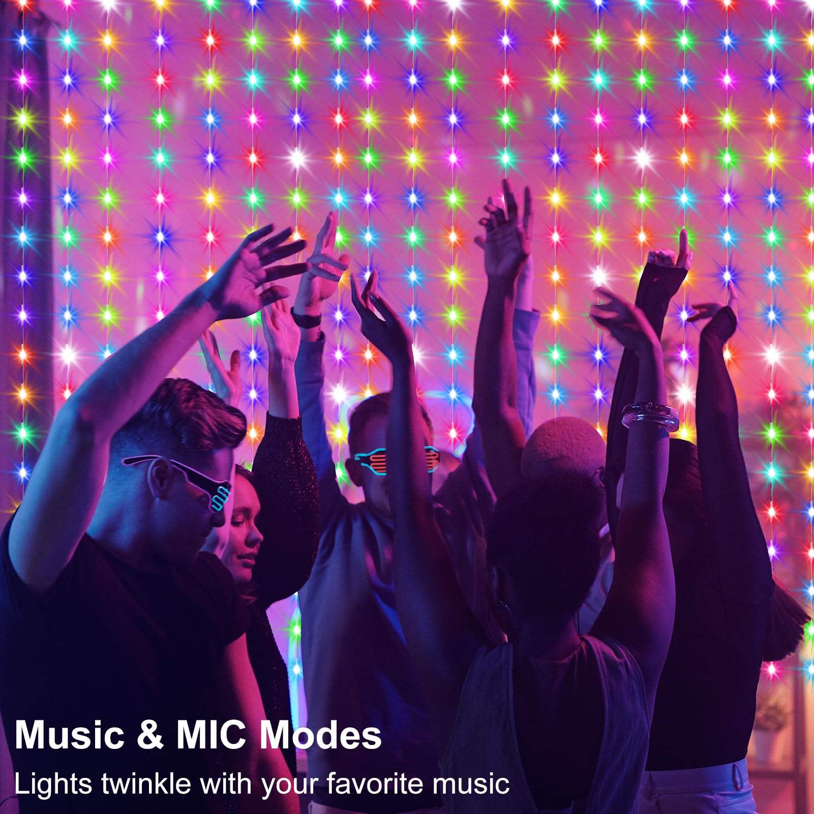 Smart RGB 5050 LED Curtain Lights with Music Sync & APP Remote Control - 8Ft x 6Ft 144 LED USB Fairy String Lights for Party, Wedding, Patio, Garden, and Home Decor - Perfect for Indoor and Outdoor Holiday Lighting