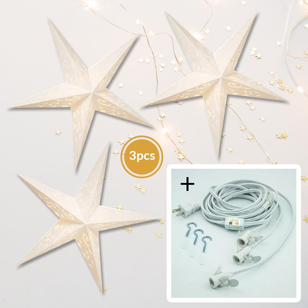 3 Pack White Harmony 24 Inch LED Illuminated Paper Star Lanterns - Includes Bulbs & Cord - Perfect for Bedroom, Wedding, Party & Holiday Decorations