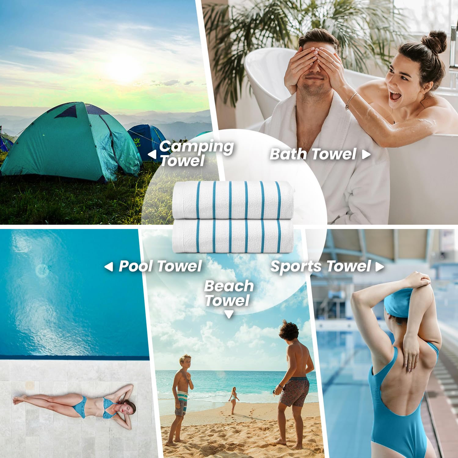 Belem Aqua Blue Horizontal Stripe Oversized Pool Towels Bulk 30x60 Inches - 60 Pack Quick-Drying Beach Towels for Spa, Hotel & Home Use - Ultra Absorbent Bath Sheets - Soft & Durable Bulk Towels for Swimming Pool, Beach Vacation, Gym and Yoga Sessions