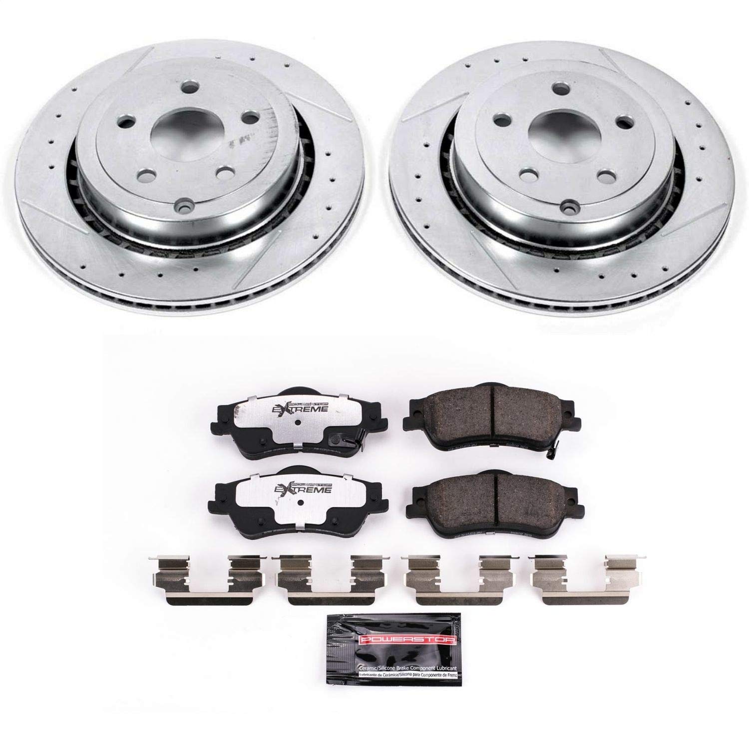 Power Stop K5528-26 Rear Z26 Carbon Fiber Brake Pads with Drilled & Slotted Brake Rotors Kit - Compatible with Chevrolet Caprice 2011-2017, Chevrolet SS 2014, Pontiac G8 2008-2009 | High-Performance Braking for Daily Driving & Track Use