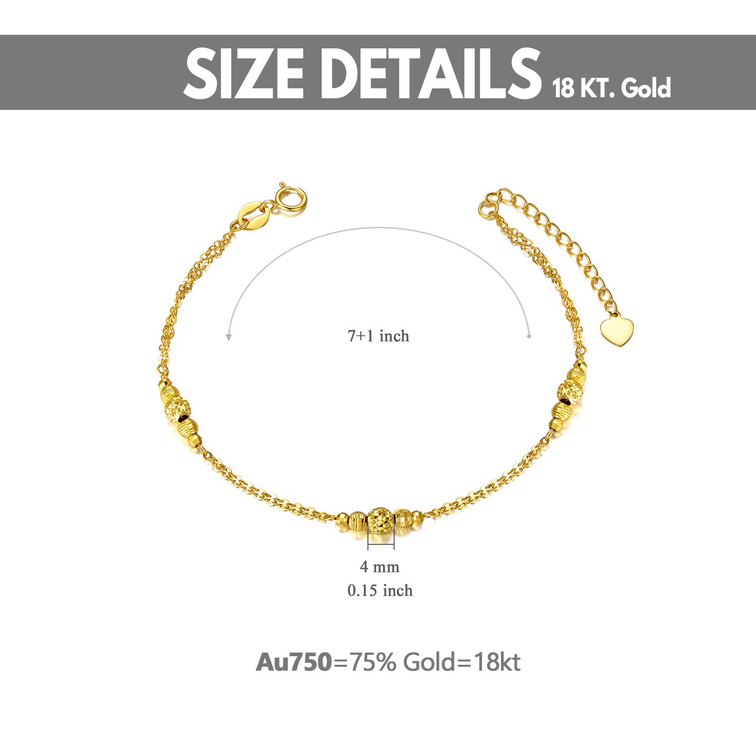 18K Solid Gold Bracelet for Women - Dainty Gold Double Chain Bracelet with Diamond Cut Beads - Elegant Anniversary Jewelry Gift for Wife, Mom, Girlfriend - 7