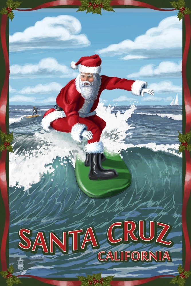 Santa Surfing Metal Wall Art - 16x24 Gallery Quality Aluminum Decor - Santa Cruz California Inspired - Perfect for Beach House, Surf Shack & Coastal Home Decor