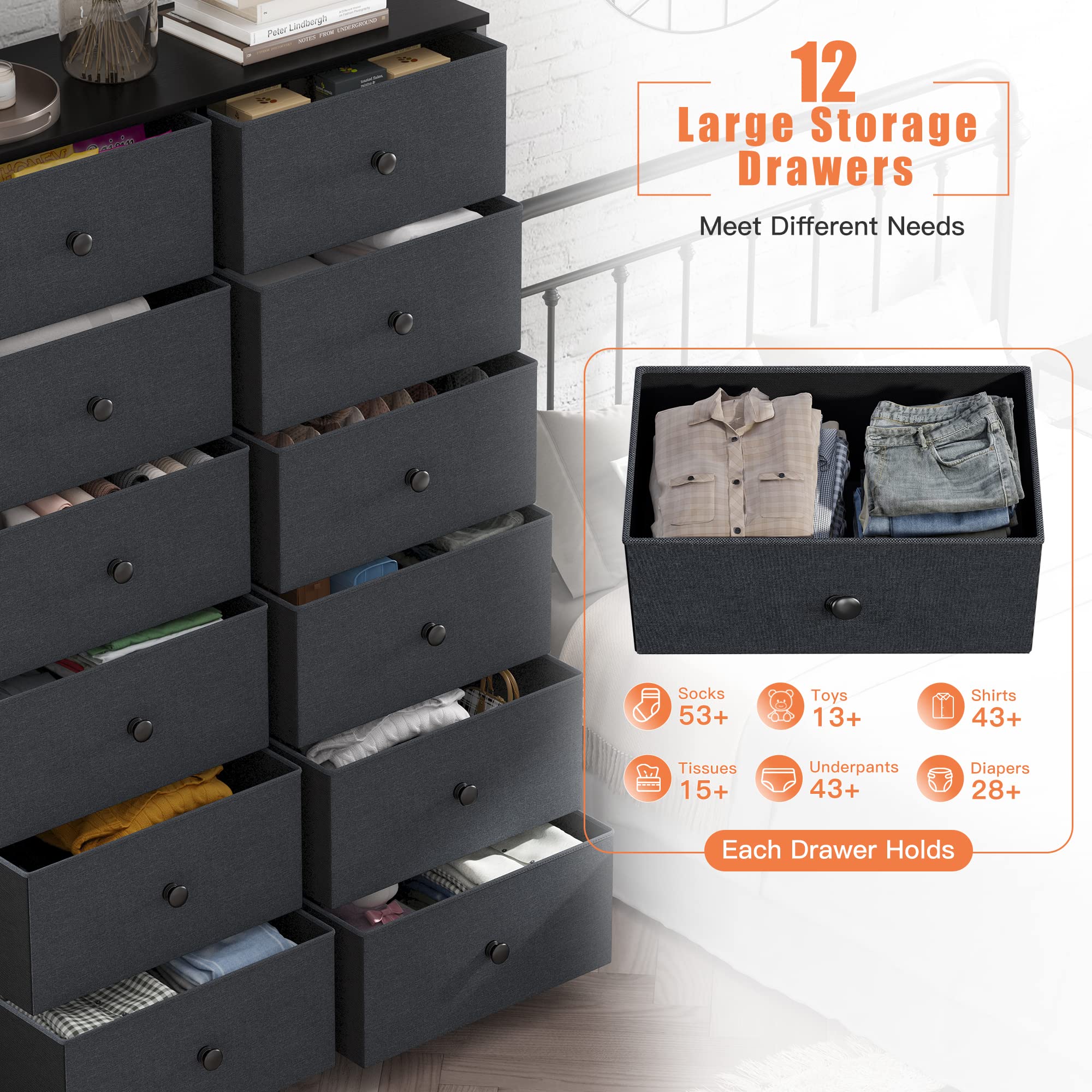 12-Drawer Tall Dresser for Bedroom - Black & Grey Wooden Top Metal Frame Chest of Drawers - 34.8
