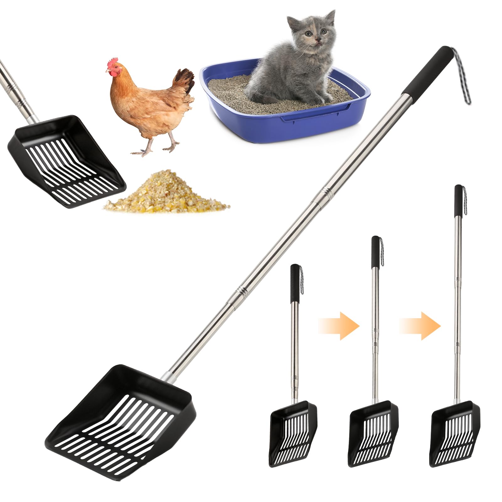 Premium 304 Stainless Steel Cat Litter Scoop & Chicken Coop Rake - Adjustable Extendable Handle (23-43 Inch) - Durable Pet Waste Scooper for Cats & Poultry - Perfect for Litter Boxes, Chicken Coops & Outdoor Use