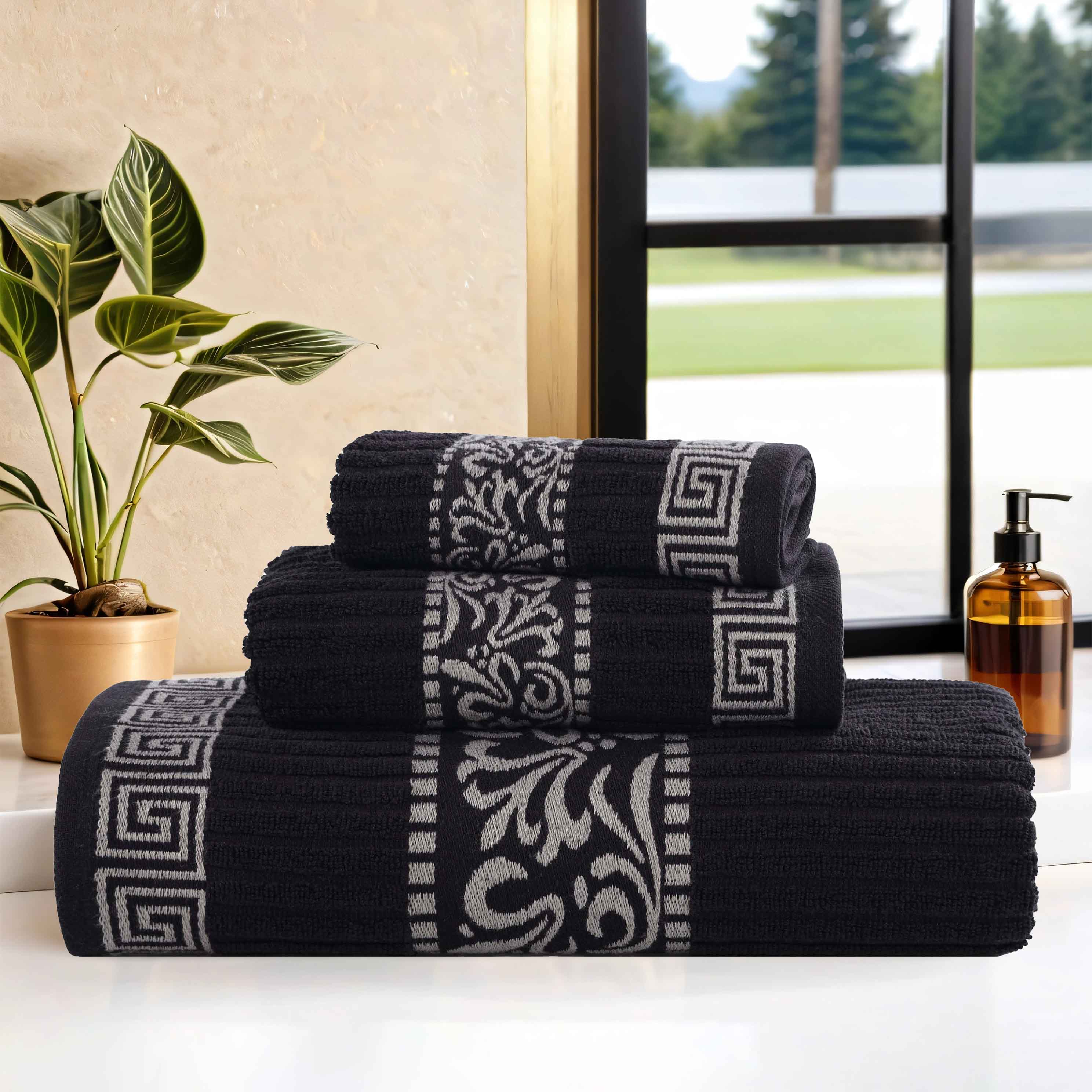 Athens Cotton Greek Scroll and Floral 3-Piece Bath Towel Set | Soft & Absorbent Luxury Towels for Spa, Bathroom & Guest Use