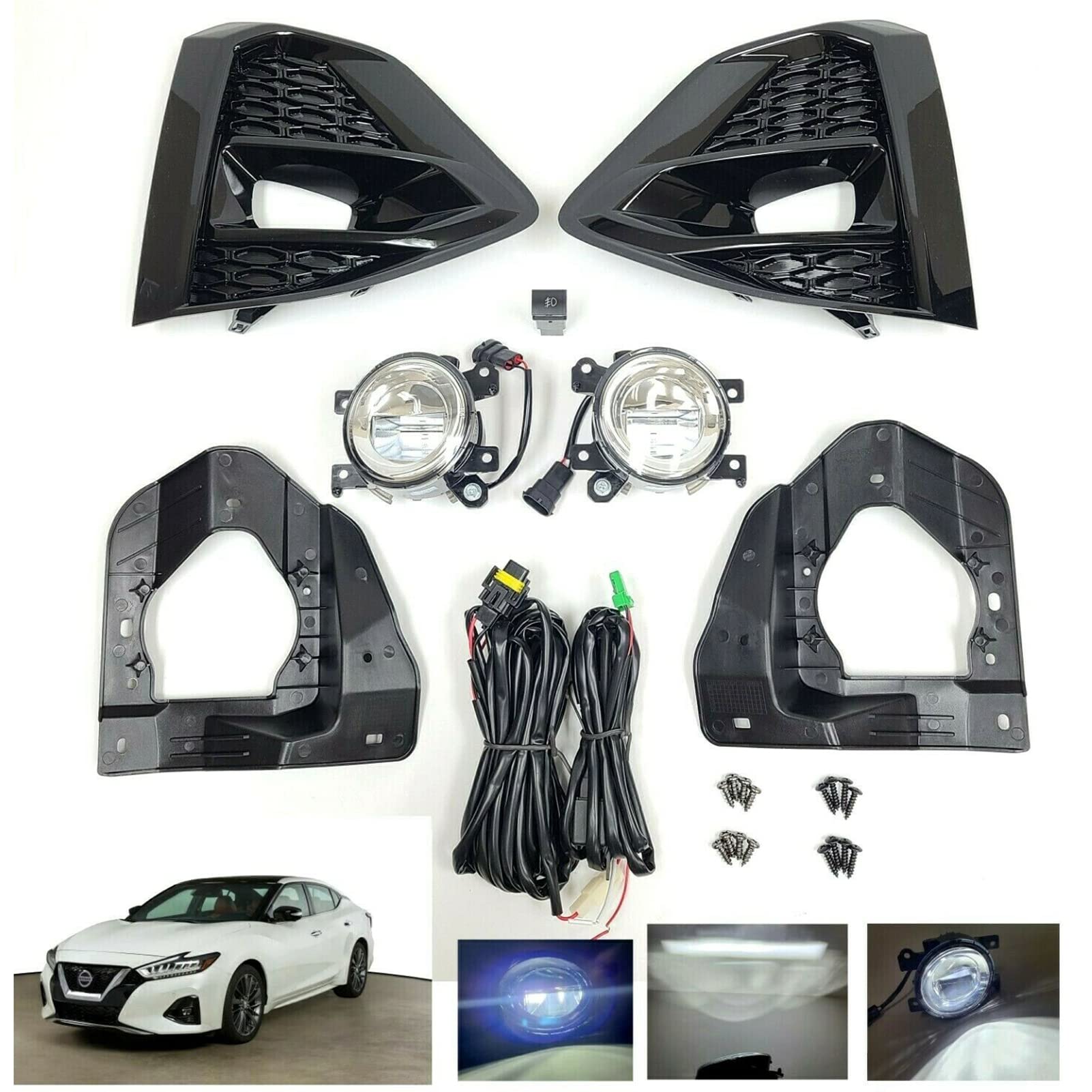 2019-2022 Nissan Maxima LED Fog Lights Kit - H11 Built-in Bulbs, Clear Lens with Bezel, Bracket & Wiring Harness | Direct OE Replacement | Perfect for Night Driving, Foggy Conditions & Off-Road Adventures