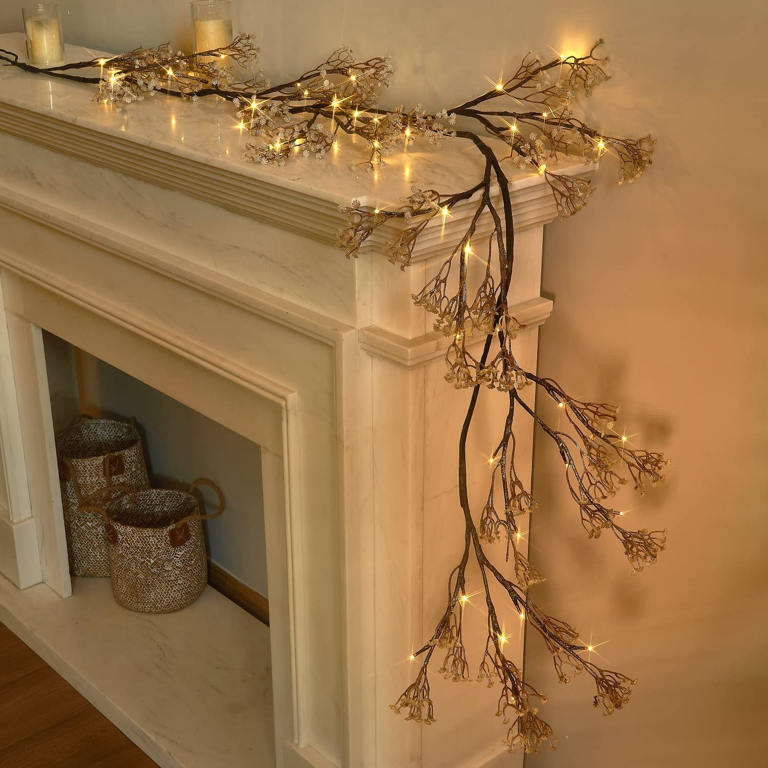 Fudios 48 LED 6ft Battery Operated Flower Garland with Timer - Decorative Lighted Vine for Mantle, Summer Wedding & Party Decor | Perfect for Indoor/Outdoor Home Decorations