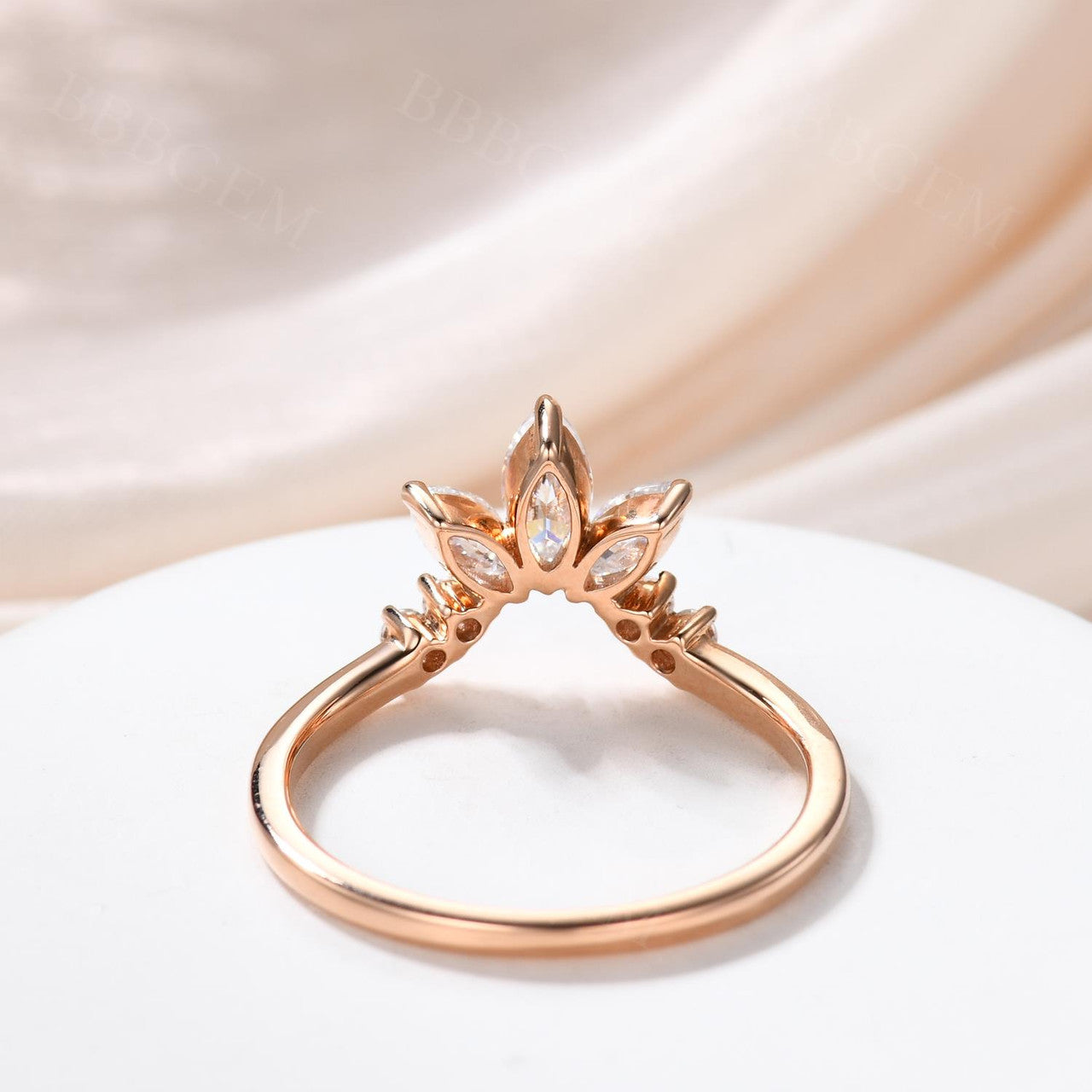 18K Rose Gold Three Stone Graduated Marquise & Round Moissanite Diamond Curve Band Ring | Elegant Wedding, Engagement, Anniversary Jewelry Gift for Women