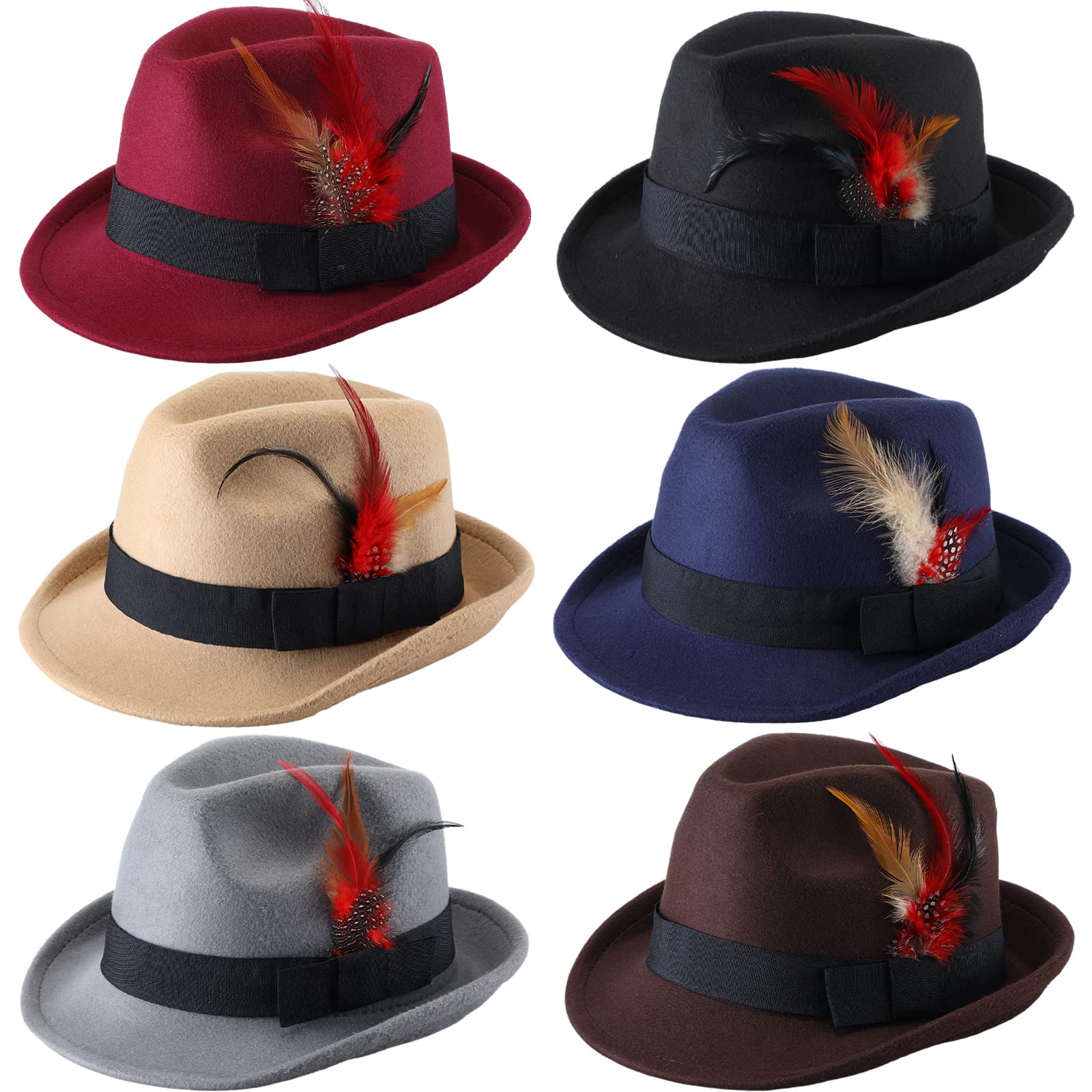 Stylish 6-Pack Wide Brim Jazz Hats with Feather for Men & Women - Vintage 1920s Panama & Bowler Hats in 6 Colors - Perfect for Costume Parties, Jazz Events & Summer Outdoor Activities