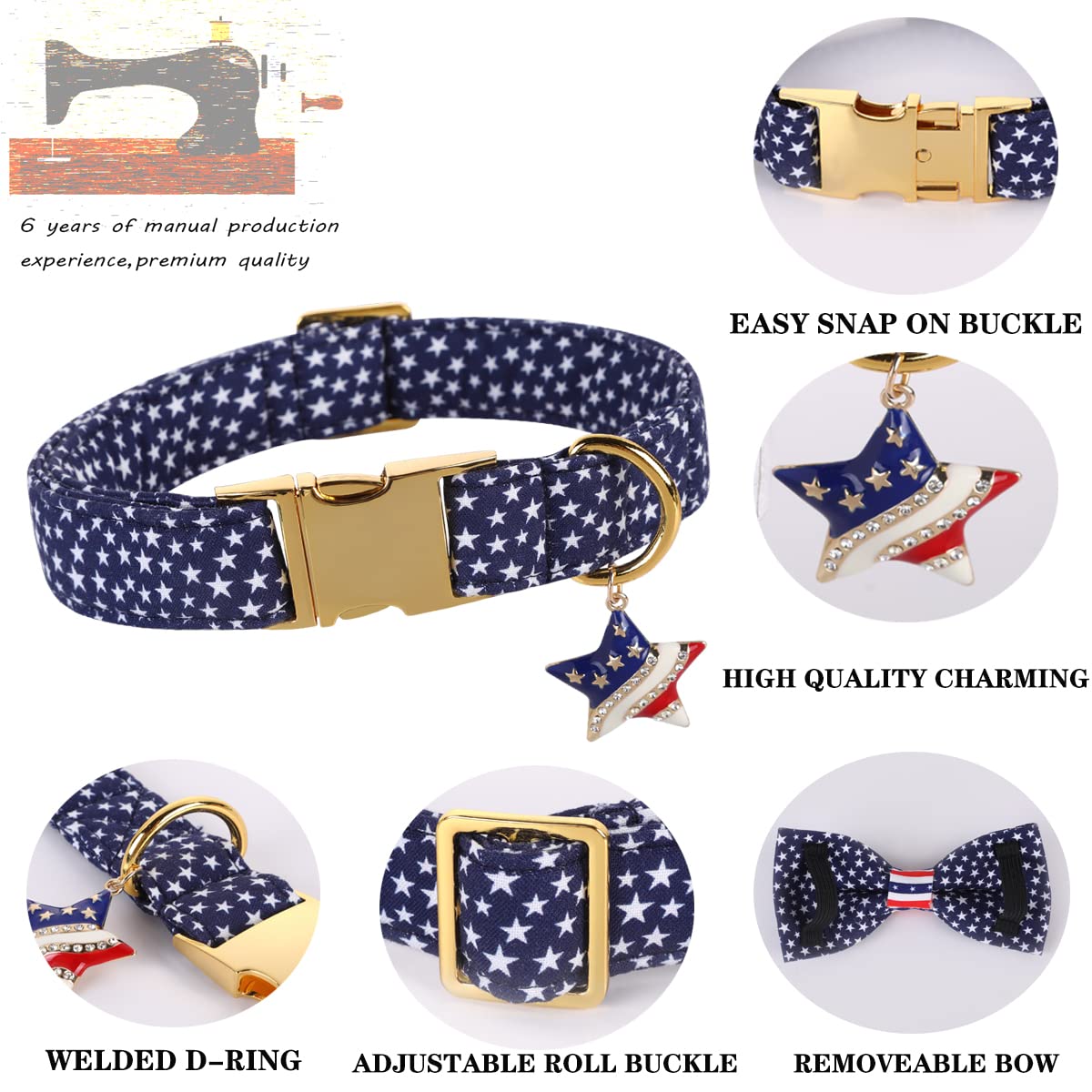 DOGWONG Patriotic American Flag Dog Collar with Bowtie - Comfortable & Durable 4th of July, Memorial Day Dog Accessory for Small, Medium & Large Dogs - Perfect for Independence Day Celebrations & Patriotic Events