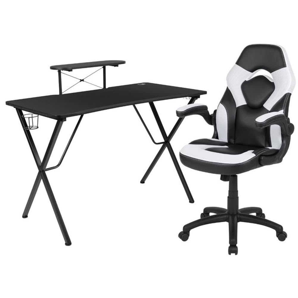BOWERY HILL 2-Piece Gaming Desk Set with Monitor Stand - Black & White Computer Desk for PC Gaming Setup, Home Office & Streaming Station