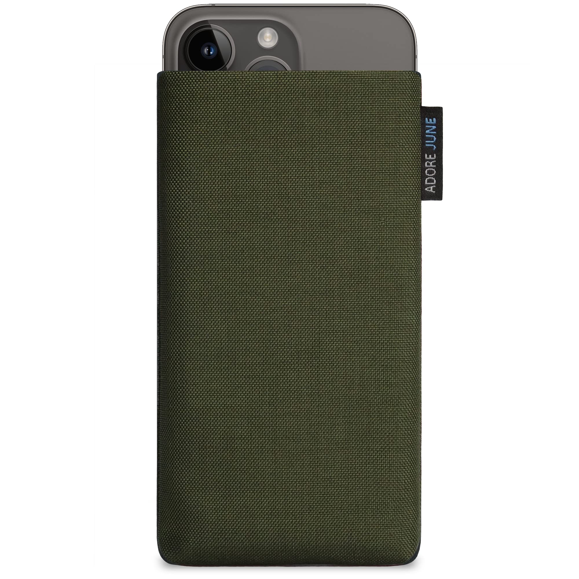 Adore June Classic Olive-Green iPhone 14-15 Plus/Pro Max Protective Sleeve - Durable Fabric Pouch Case with Screen Cleaning Feature | Perfect for Travel, Work & Everyday Use