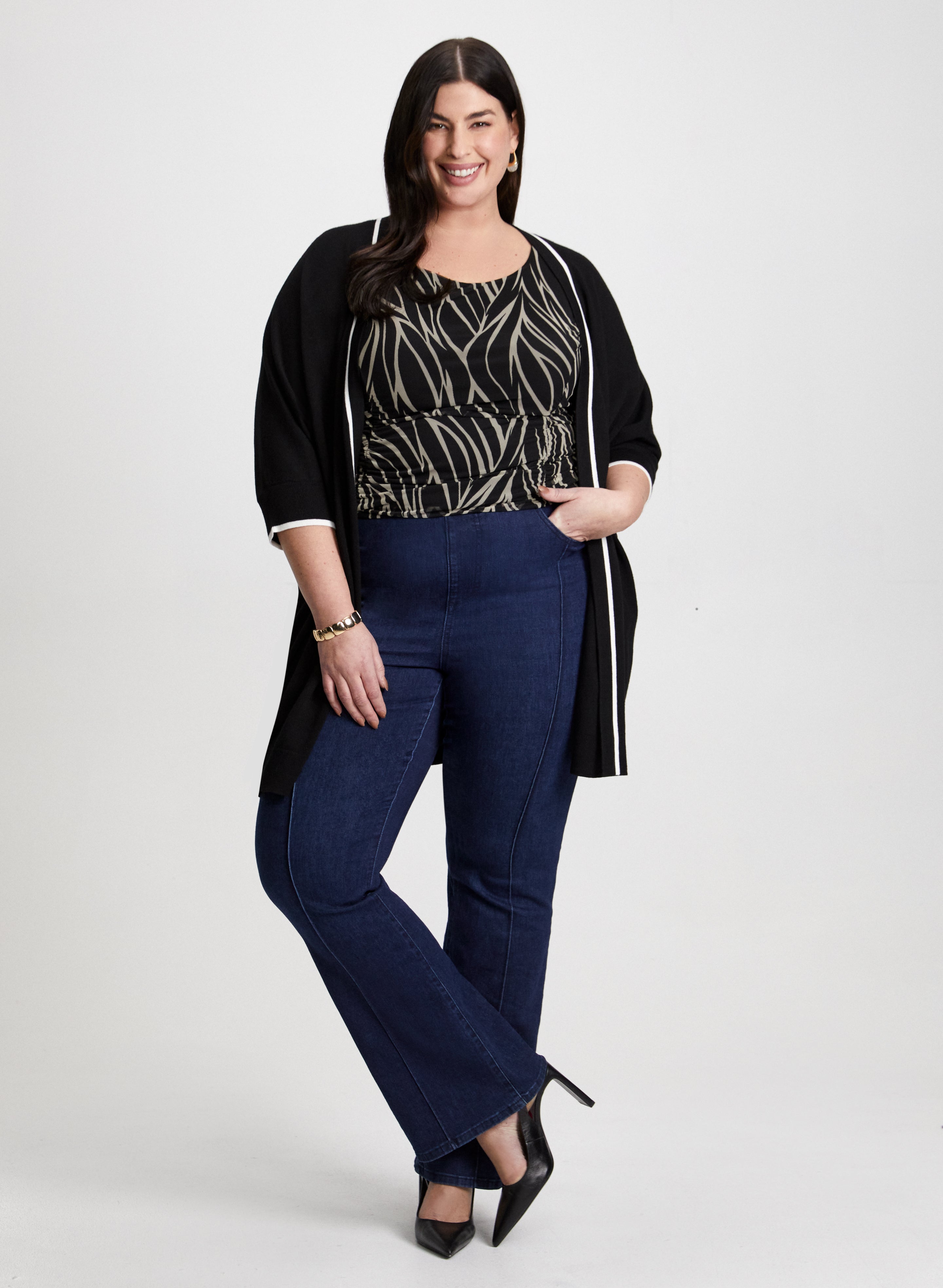 Stylish Contrast Stripe Cardigan & Bootcut Jeans for Women - Casual Outfit Set for Fall Fashion, Office Wear & Weekend Dates