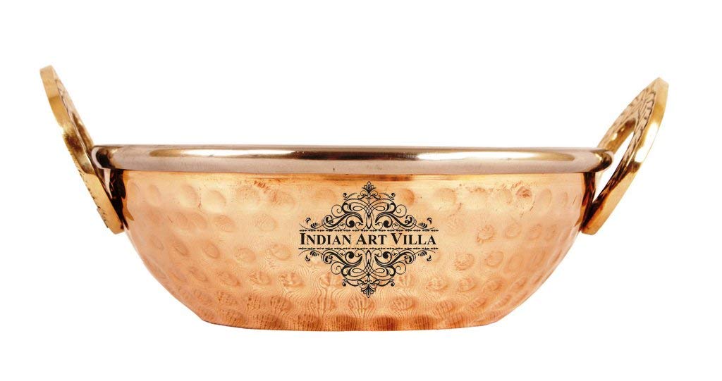 Indian Art Villa Hammered Steel Copper Kadhai Wok Bowl Set - 12oz (6-Piece) for Cooking & Serving | Traditional Indian Tableware for Curry, Rice & Stir Fry | Perfect for Home Dining & Party Serving