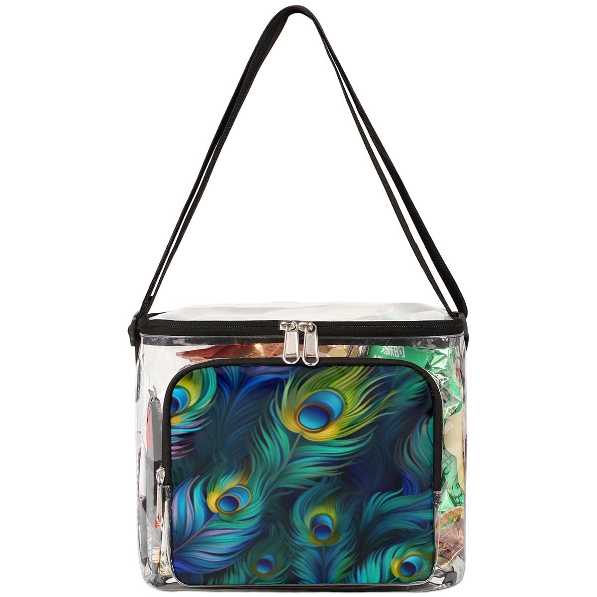 GzLeyigou Peacock Feather Clear Tote Bag with Handles - Transparent Crossbody Shoulder Bag for Lunch, Travel & Outdoor Activities | Perfect for Concerts, Picnics, Sports Events & Stadium Approved | Multi-Purpose Fashion Accessory for Women & Girls