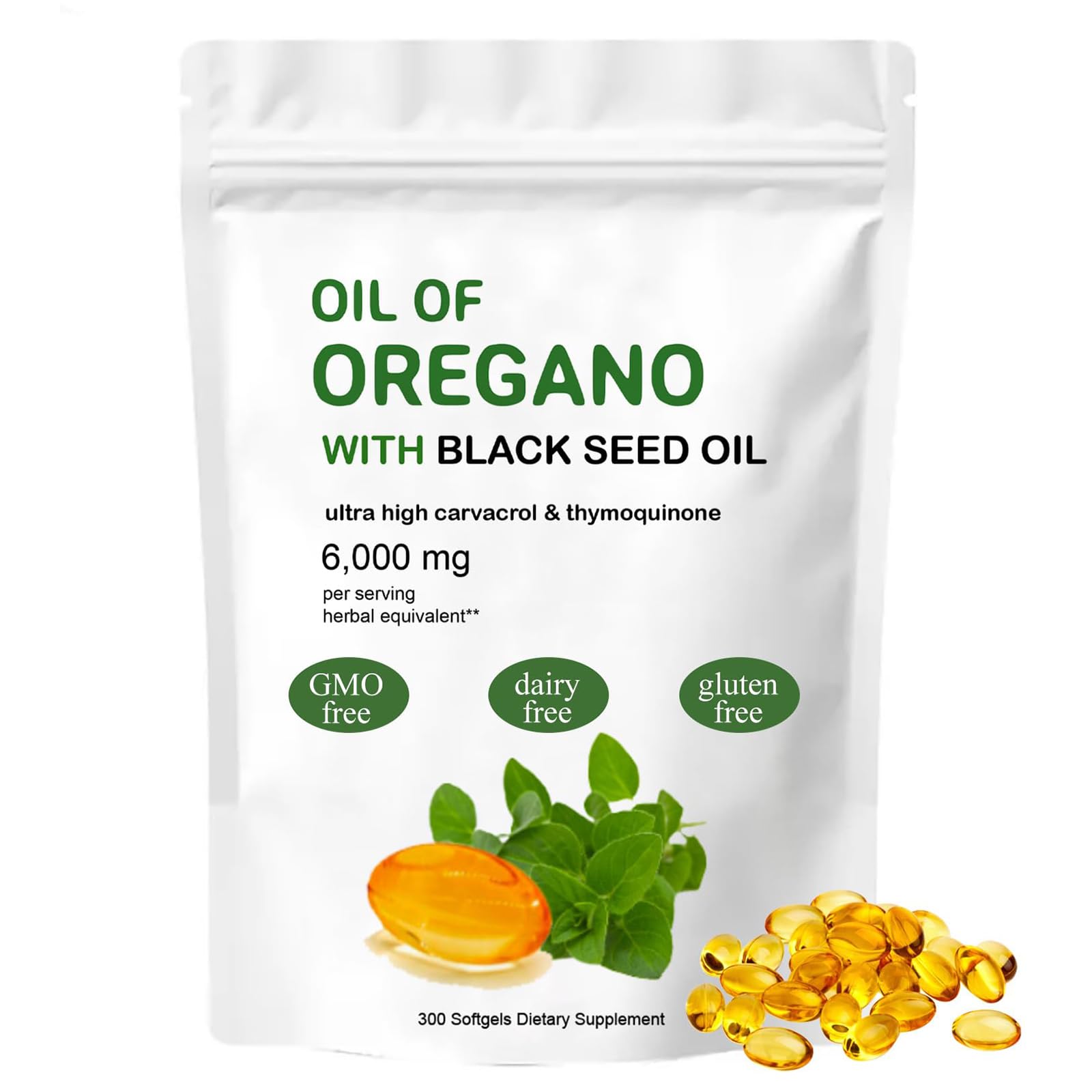 Organic Oregano Oil Softgels - Non-GMO, Gluten-Free Supplement with Black Seed Oil - 300 Capsules for Immune Support & Digestive Health - Pure Oregano Oil Extract for Daily Wellness
