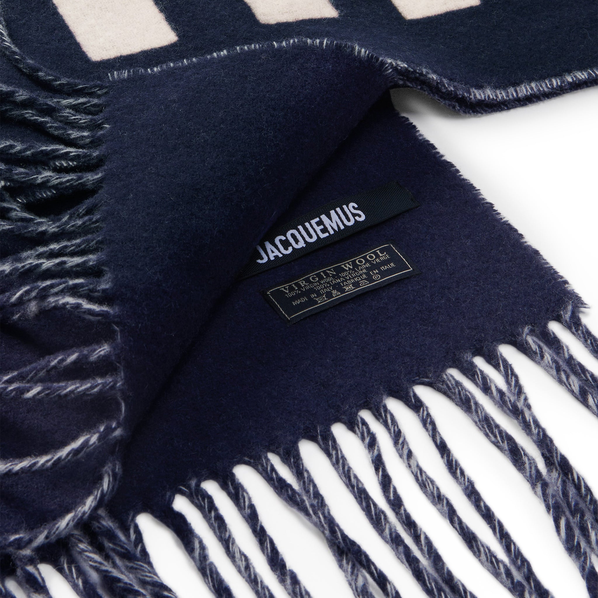 Jacquemus L'echarpe Fringe Logo Navy Scarf - Stylish Designer Scarf for Women & Men - Perfect for Winter Fashion, Outfit Accessories & Gift Giving