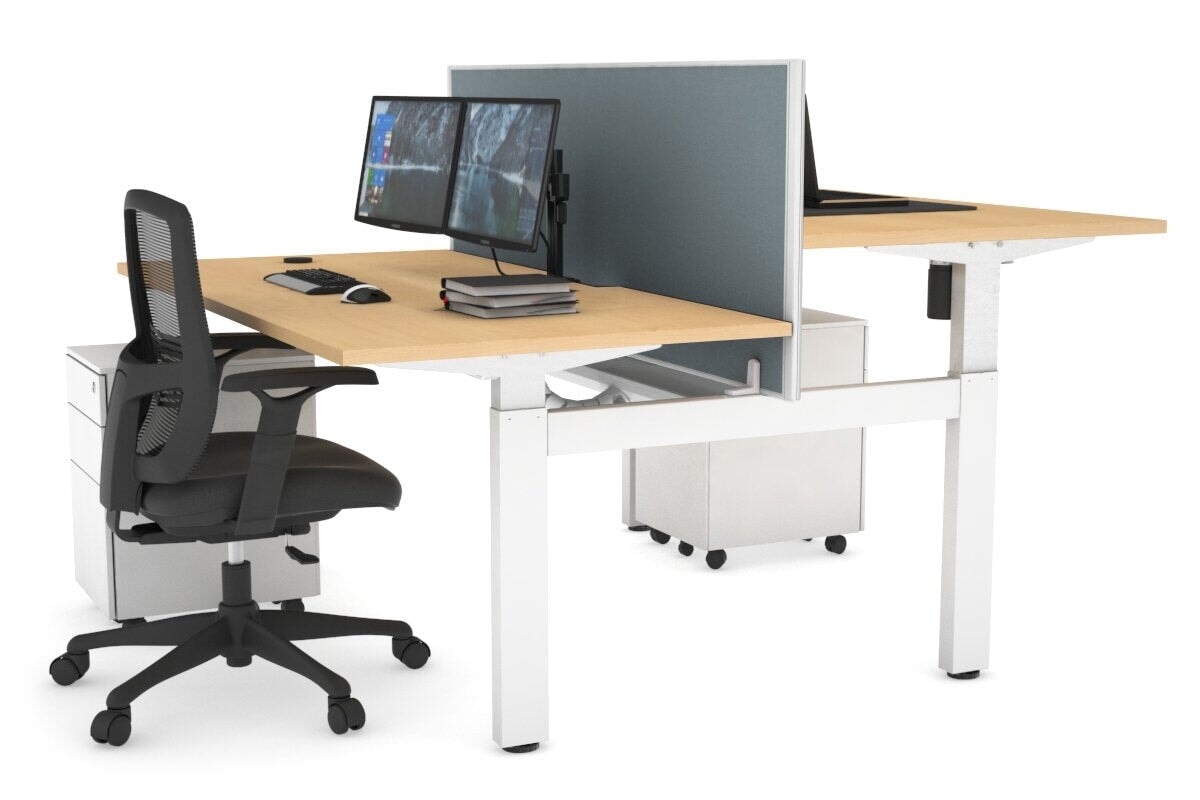 Adjustable Height 2-Person H Bench Workstation - White Frame (1400L x 800W) with Cable Management | Ergonomic Office Desk for Home & Workspace