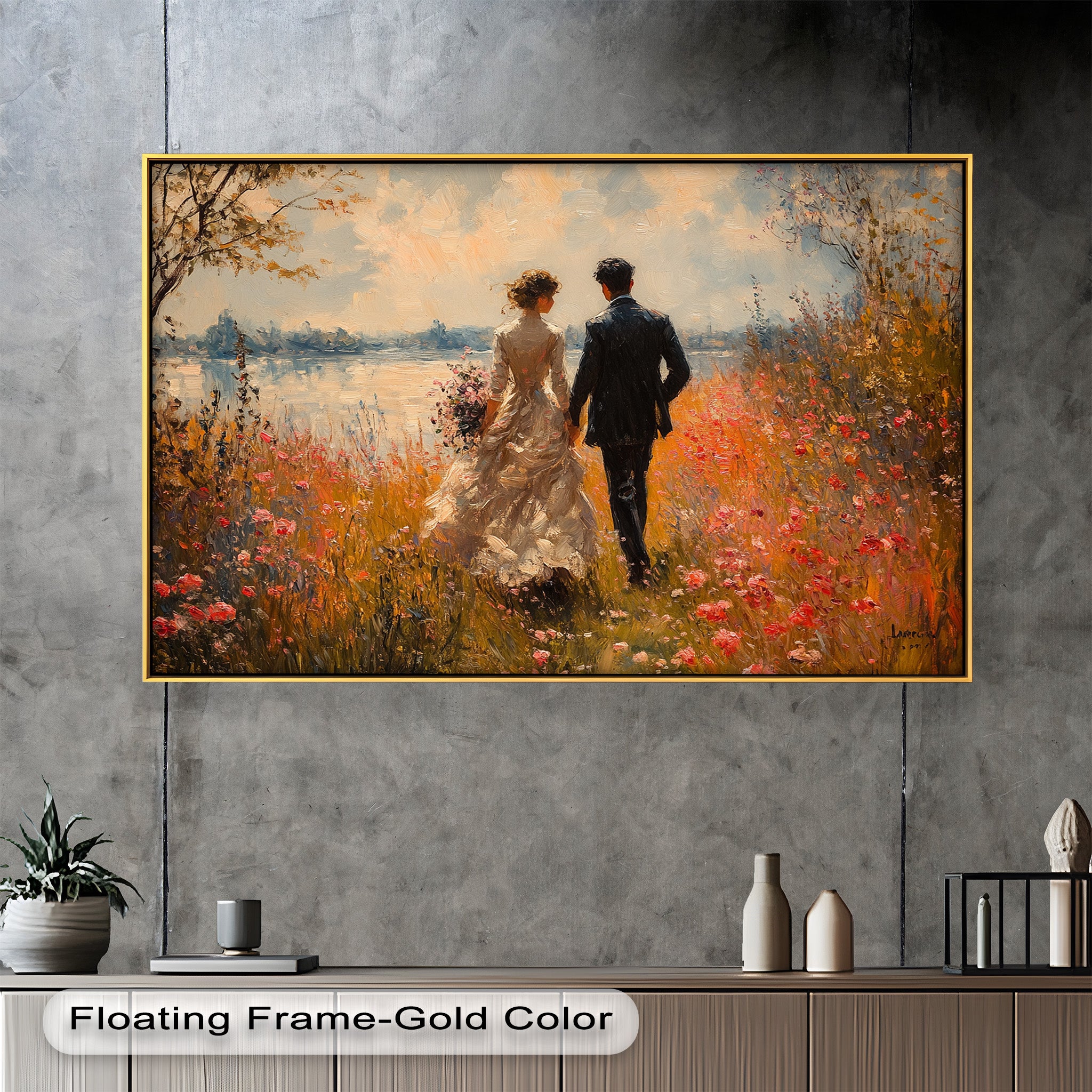 Impressionist Couple in Blooming Field Oil Painting - Romantic Wall Art for Living Room, Bedroom Decor - Perfect Gift for Anniversaries & Weddings