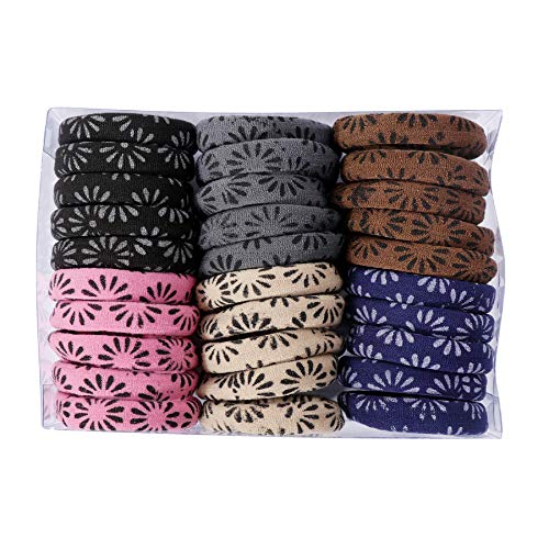Honbon Printed Elastic Hair Ties for Women & Girls - Unbreakable Rubber Band Ponytail Holders with Flower Design (30 Pack) - Perfect for School, Work, Gym, and Everyday Hairstyles