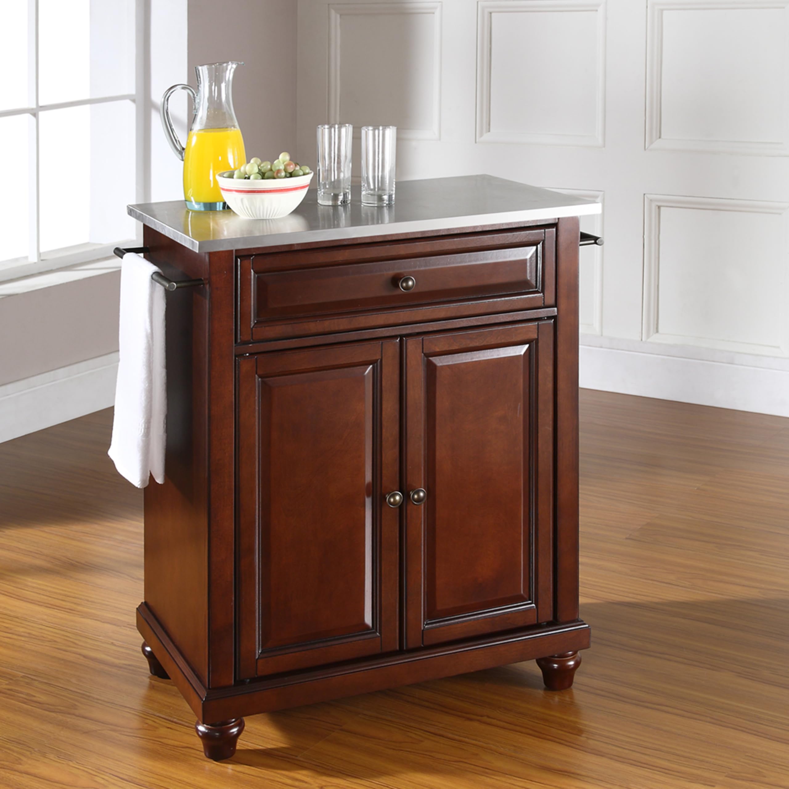 Crosley Cambridge Stainless Steel Top Rolling Kitchen Island Cart with Storage - Microwave Stand, Mahogany Finish for Small Spaces | Perfect for Compact Kitchens, Dining Areas & Mobile Food Prep Stations