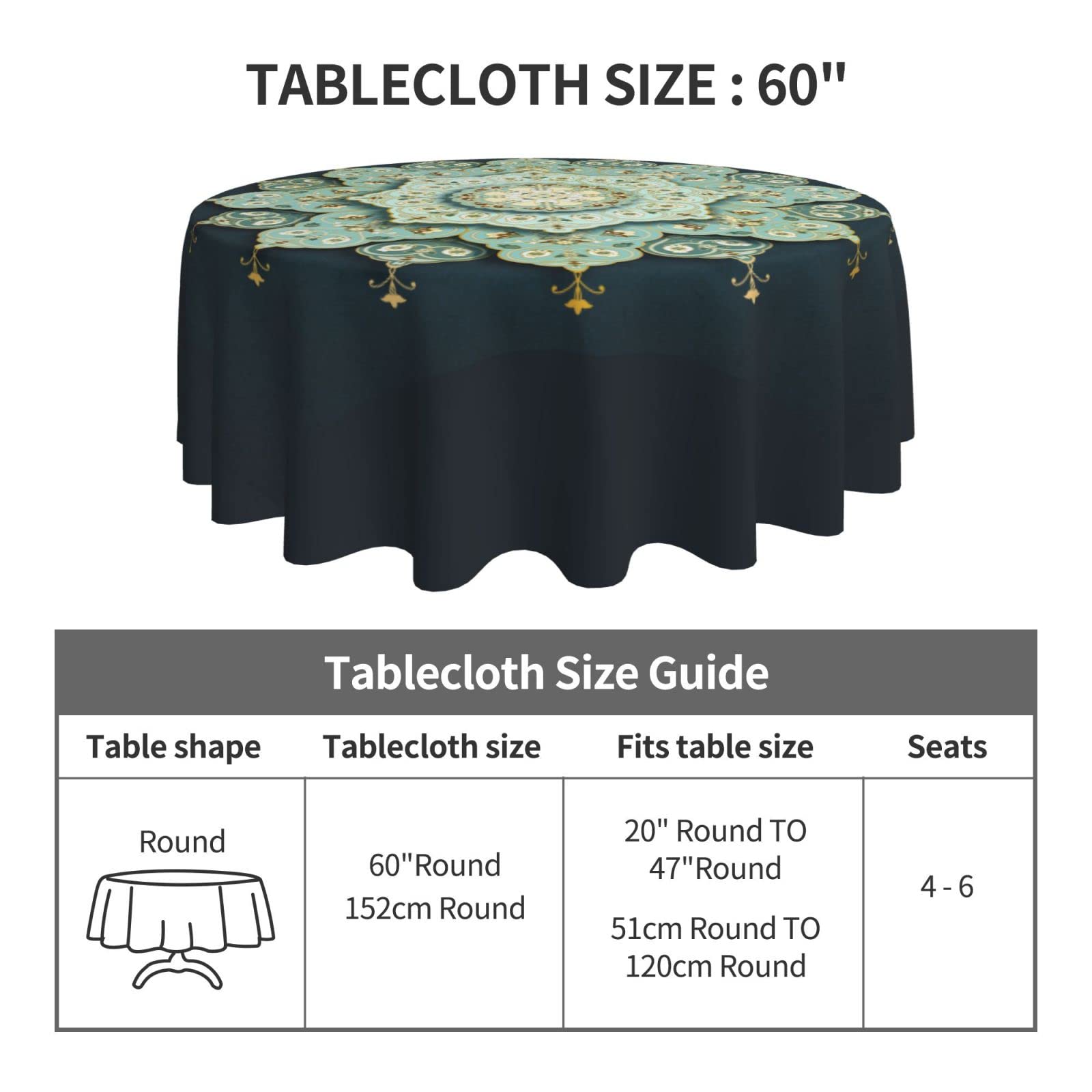 Light Turquoise Mandala Floral Round Tablecloth - 60 Inch Washable Polyester Table Cover for Kitchen, Party, Picnic & Dining Decor | Perfect for Boho Home Decor, Outdoor Gatherings & Special Occasions