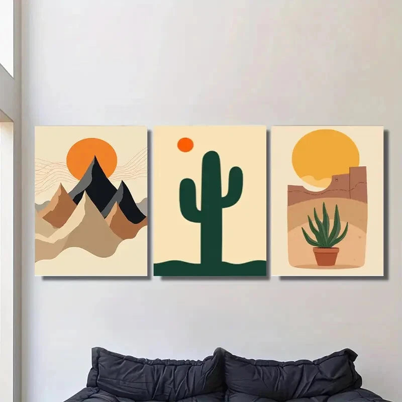 3-Piece Abstract Cactus & Mountains Wall Art - Pine Wood & Metal Framed Ready-to-Hang Decor for Living Room, Bedroom & Office