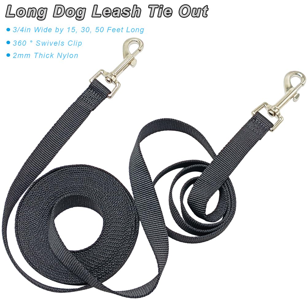 **15ft 30ft 50ft Heavy Duty Dog Training Leash - Long Agility Lead for Obedience Recall, Backyard Play & Camping - Durable Outdoor Dog Leash for Walking, Hiking & Training (15ft, Black)**