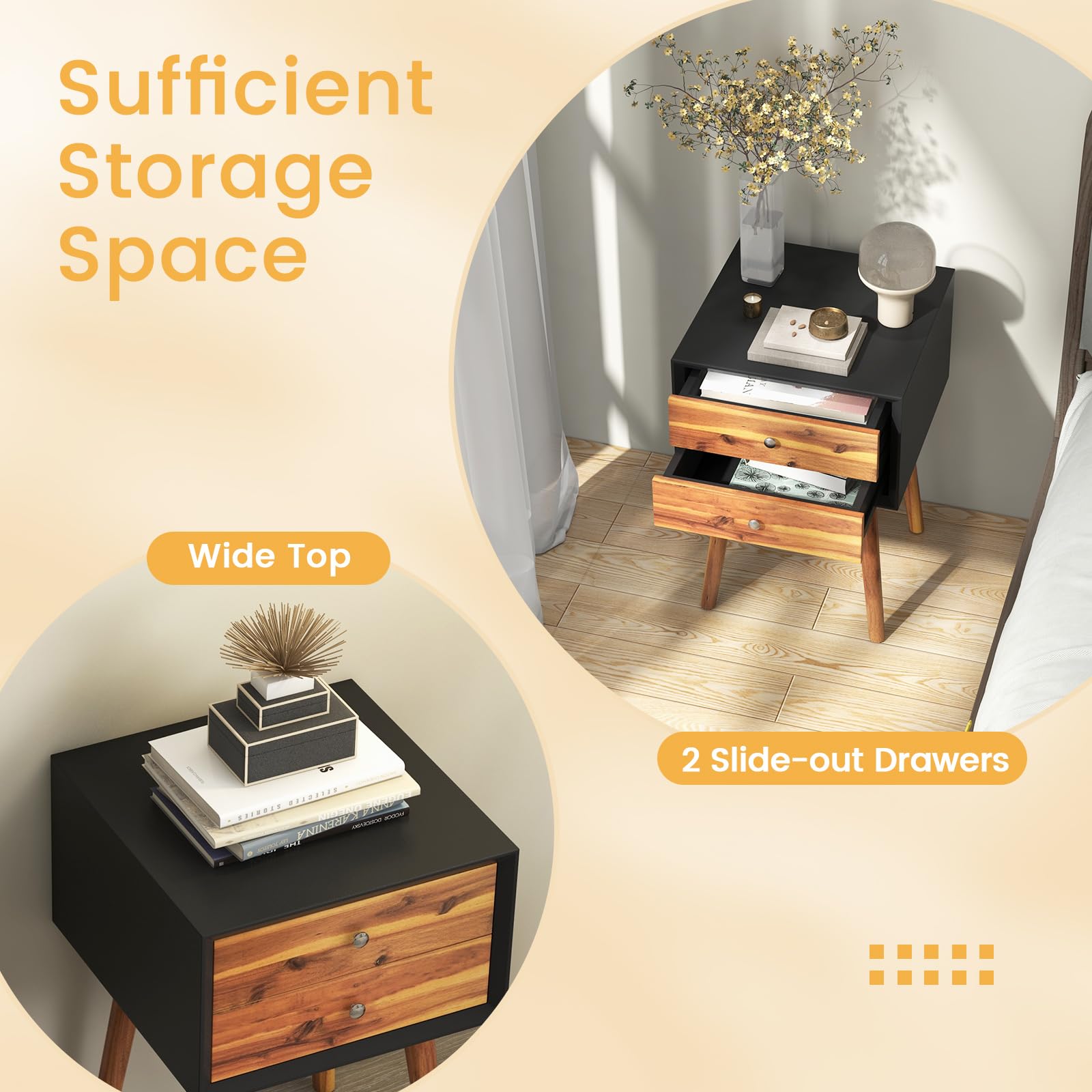 Giantex Mid Century Modern Nightstand with 2 Drawers - Solid Wood Legs Bedside Table - Small Space End Table for Bedroom & Living Room - Black & Walnut Finish - Perfect for Apartment, Dorm, Guest Room & Home Decor