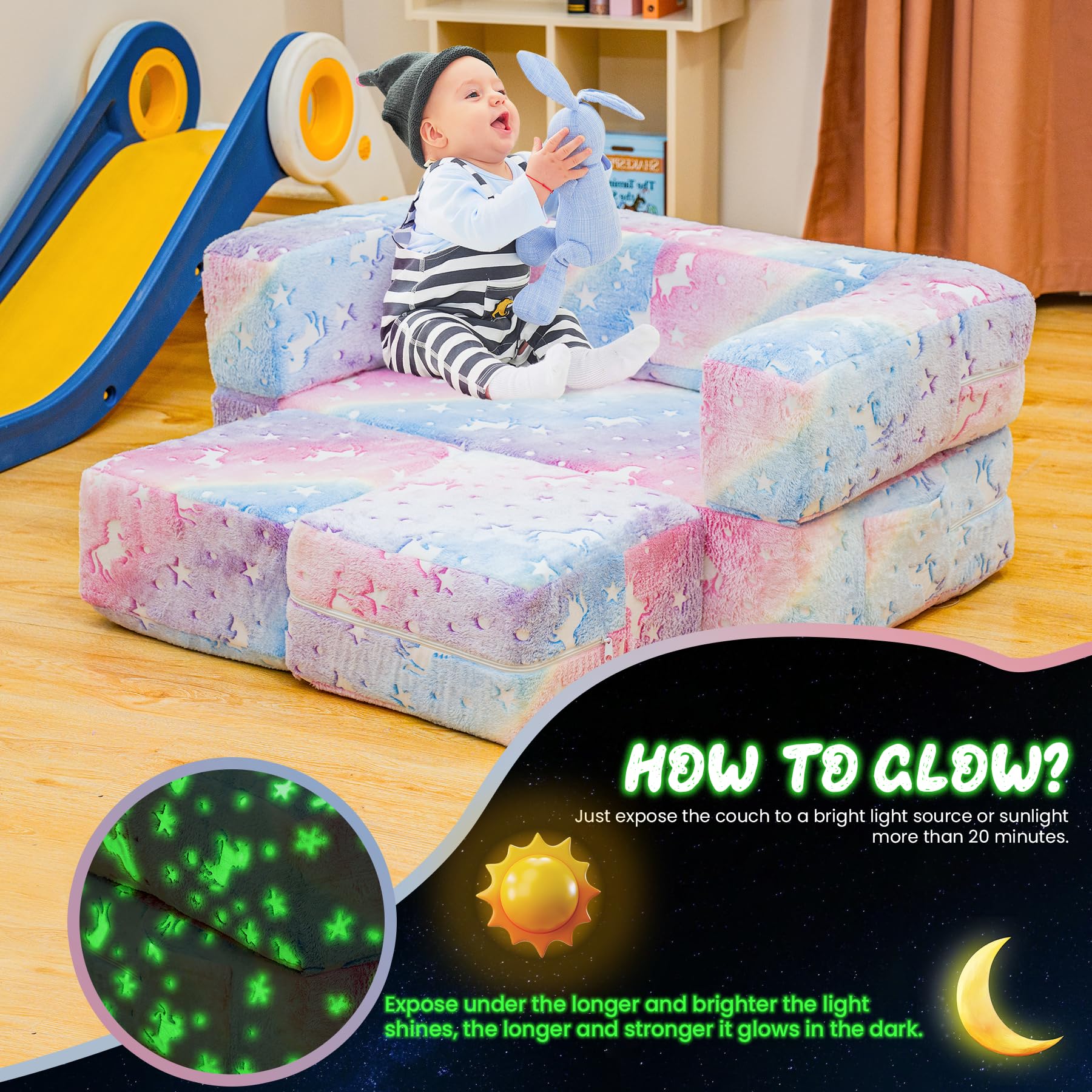 Glow in The Dark Modular Kids Play Couch - Convertible Toddler Sofa with Foldable Foam Cushions for Playroom & Bedroom | Rainbow Unicorn Design | Perfect for Indoor Playtime, Sleepovers & Reading Nooks