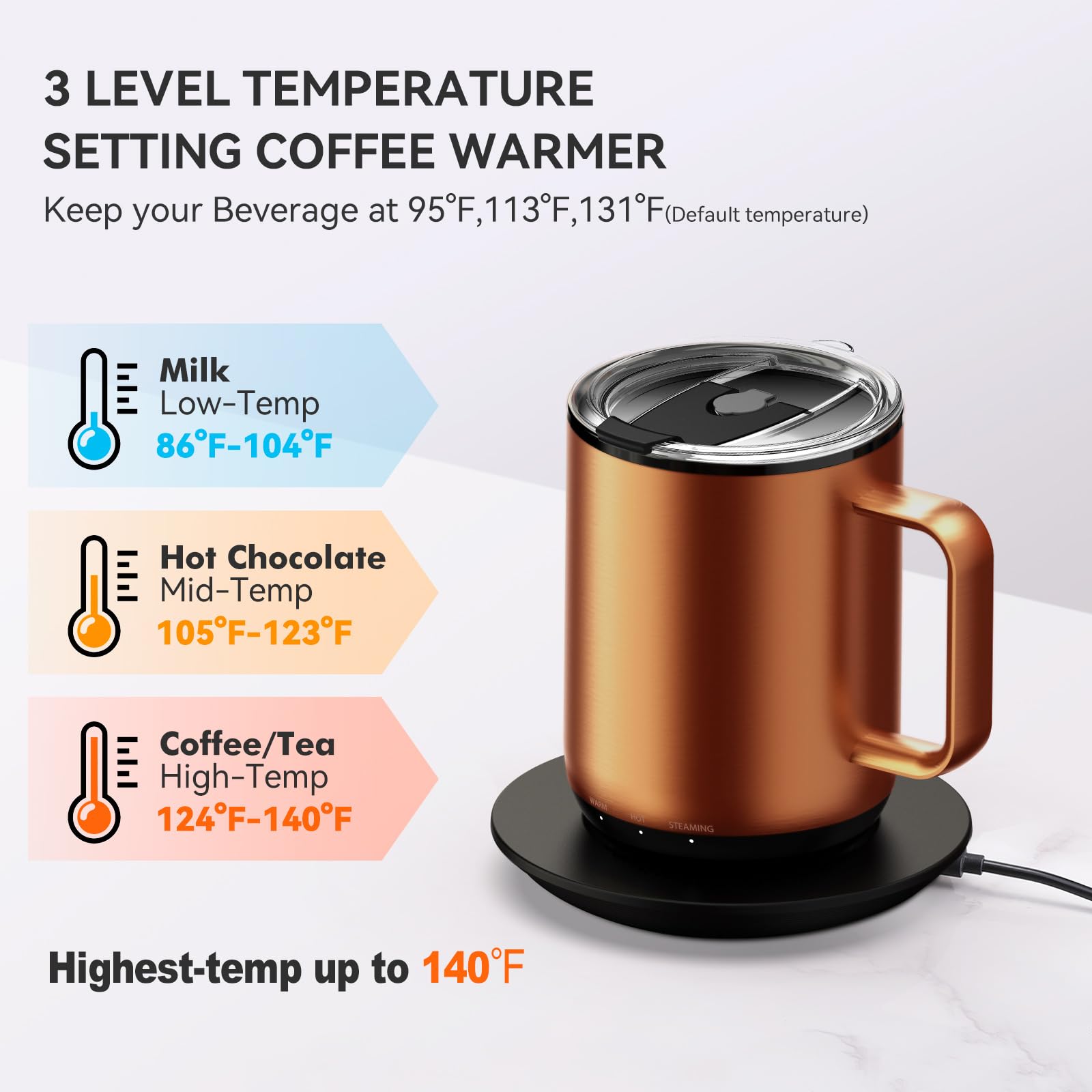 VSITOO Smart Self-Heating Coffee Mug with Temperature Control - 3 Heat Settings, App & Manual Control, 180 Min Battery Life, Fast Wireless Charging (140℉, Copper, 14oz) - Perfect for Office, Travel & Home Use