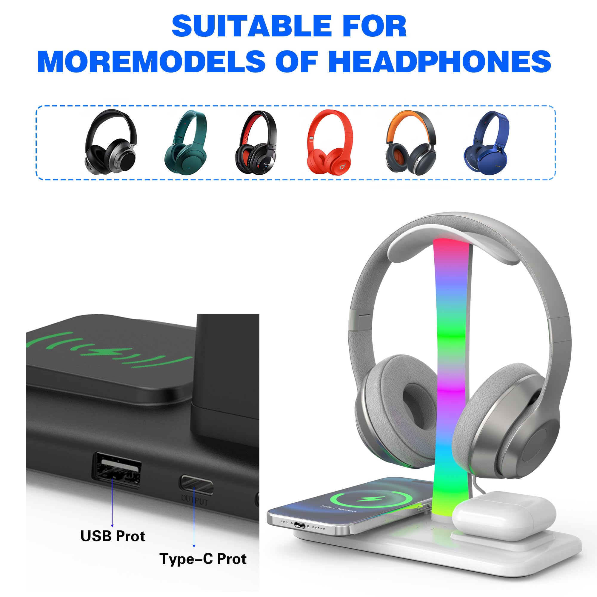 5 in 1 Wireless Charging Headphone Stand - 15W Fast Charging Station for iPhone 15/14/13/12/11/XS/XR/X, AirPods 3/2/Pro/2 - Desk Gaming Headset Holder with LED Light (White) - Perfect for Home Office, Gaming Setup & Nightstand Charging
