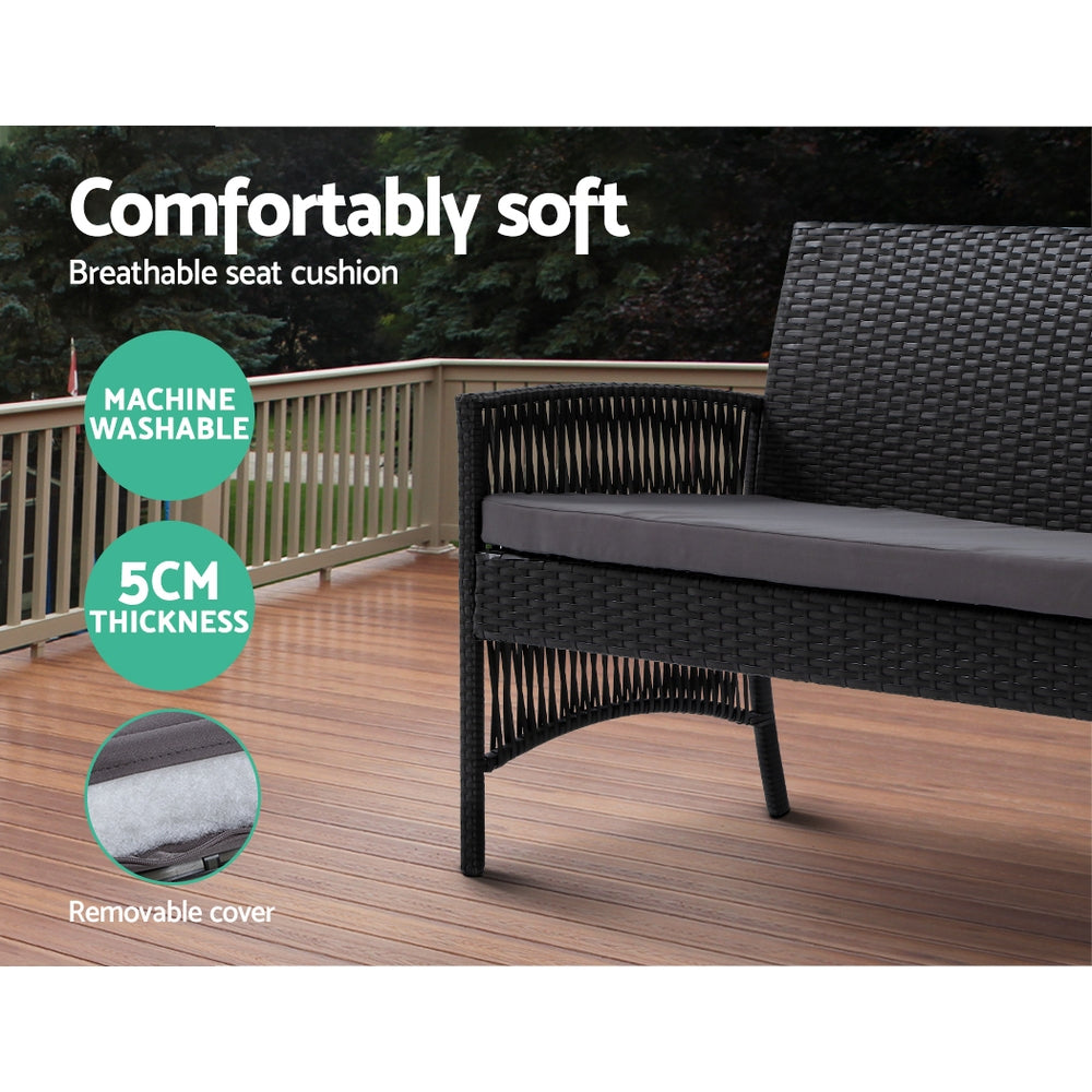4-Piece Outdoor Wicker Sofa Set with Harp Chairs and Table - Black Patio Garden Furniture for Backyard, Poolside, and Terrace Relaxation