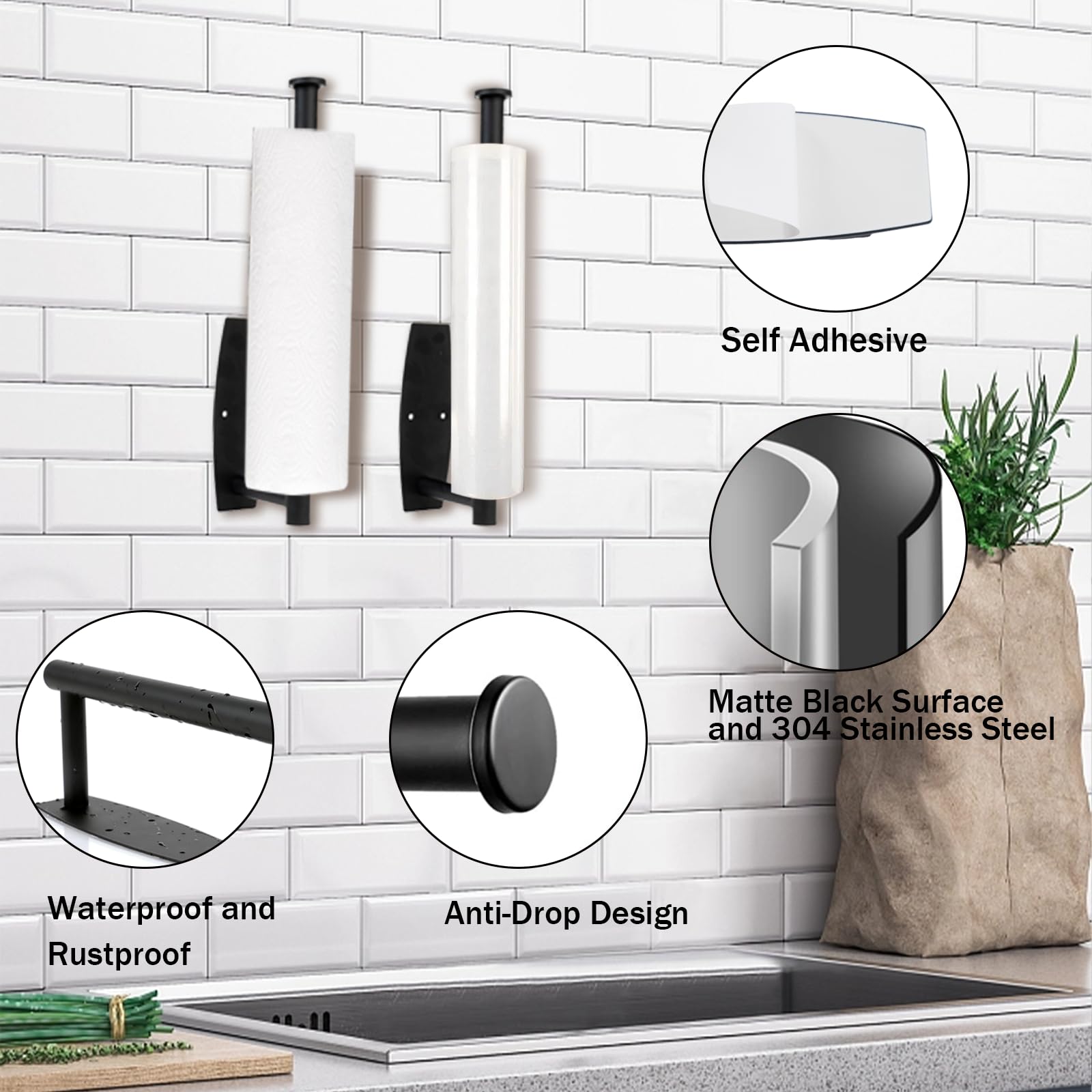 Stainless Steel Under Cabinet Paper Towel Holder - Wall Mount & Self Adhesive Kitchen & Bathroom Paper Towel Roll Rack - SUS304 Black Paper Towel Bar for Easy Access & Space Saving (Perfect for Small Kitchens, RVs & Apartments)