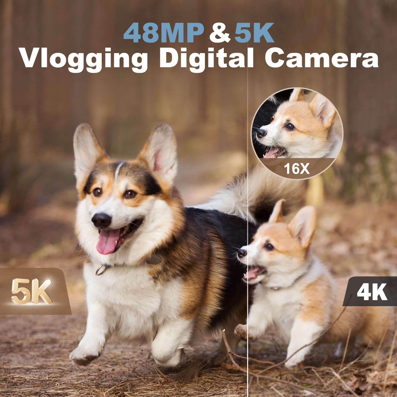 5K Digital Camera 48MP Dual Lens Vlogging Camera with 16X Zoom, 32GB Card & 2 Batteries - Perfect for Travel Photography, YouTube Vlogging & Everyday Selfies