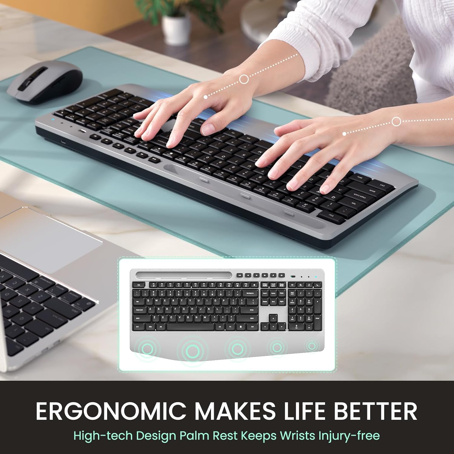 LIZRROT Wireless Keyboard and Mouse Combo - Ergonomic Full-Size Silent Keyboard with Wrist Rest & 2.4GHz Mouse - Compatible with Windows, Mac, PC, Laptop (Silver) | Perfect for Office Work, Gaming, and Home Computing