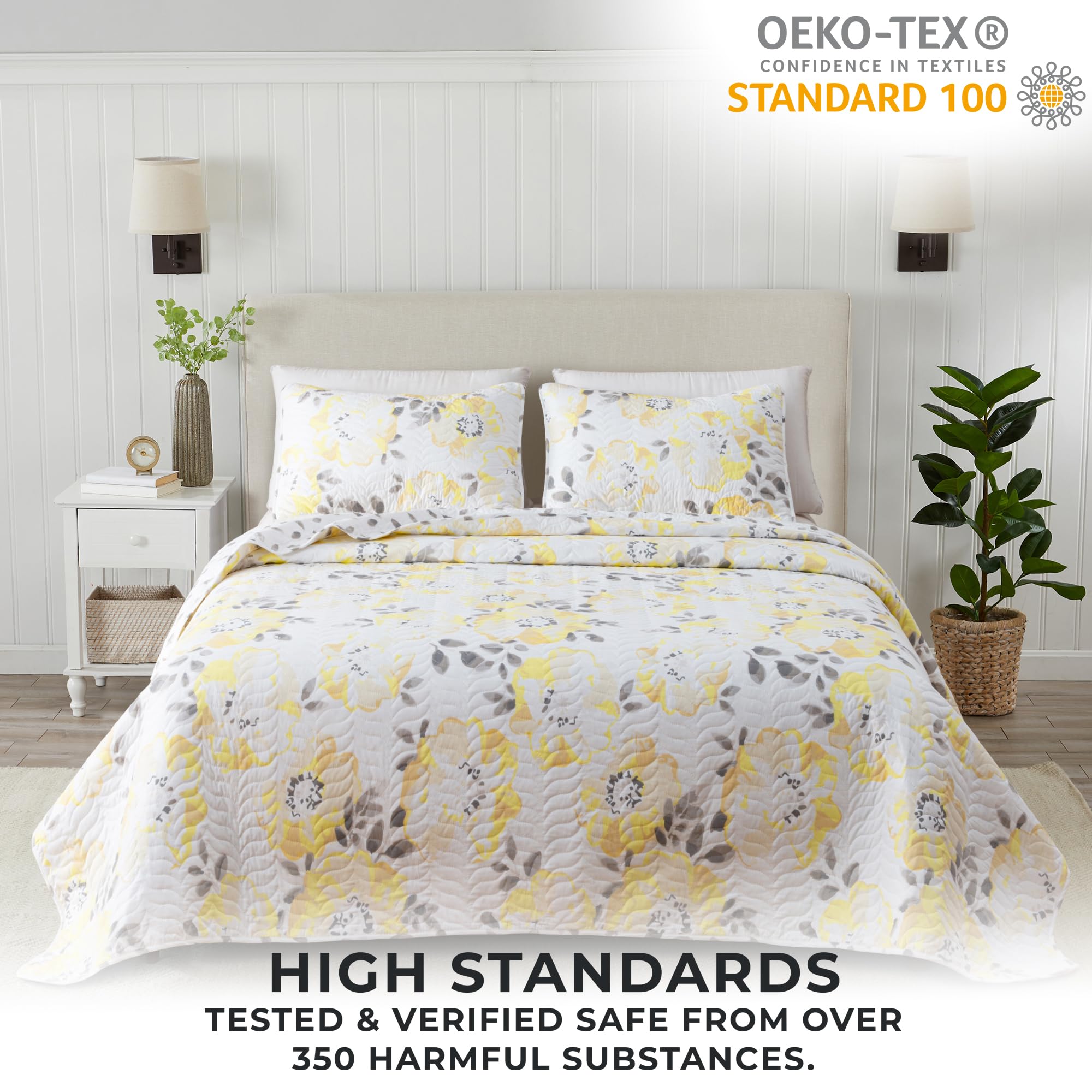 Floral King Quilt Set - Reversible Farmhouse Bedding for All Seasons | Lightweight Yellow Bedspread