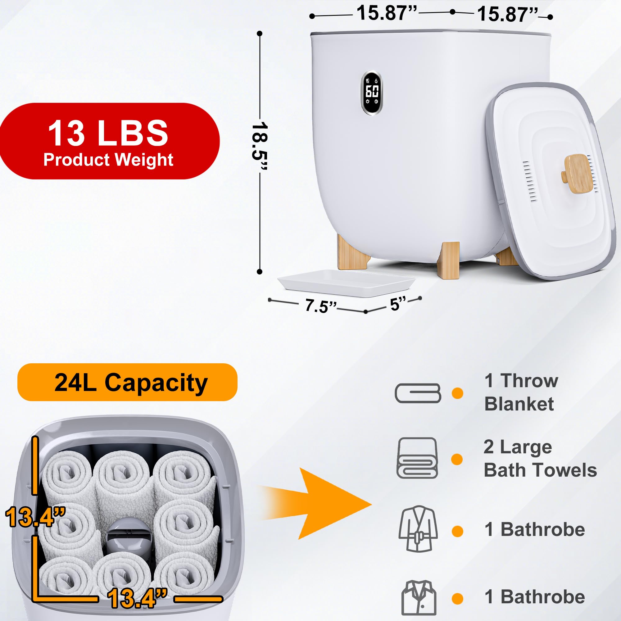 Premium 24L White Towel Warmer with LCD Display - Adjustable Time & Temperature, One-Click Mode - Fast Drying Large Bath Towels - Perfect for Spa, Bathroom & Luxury Home Use