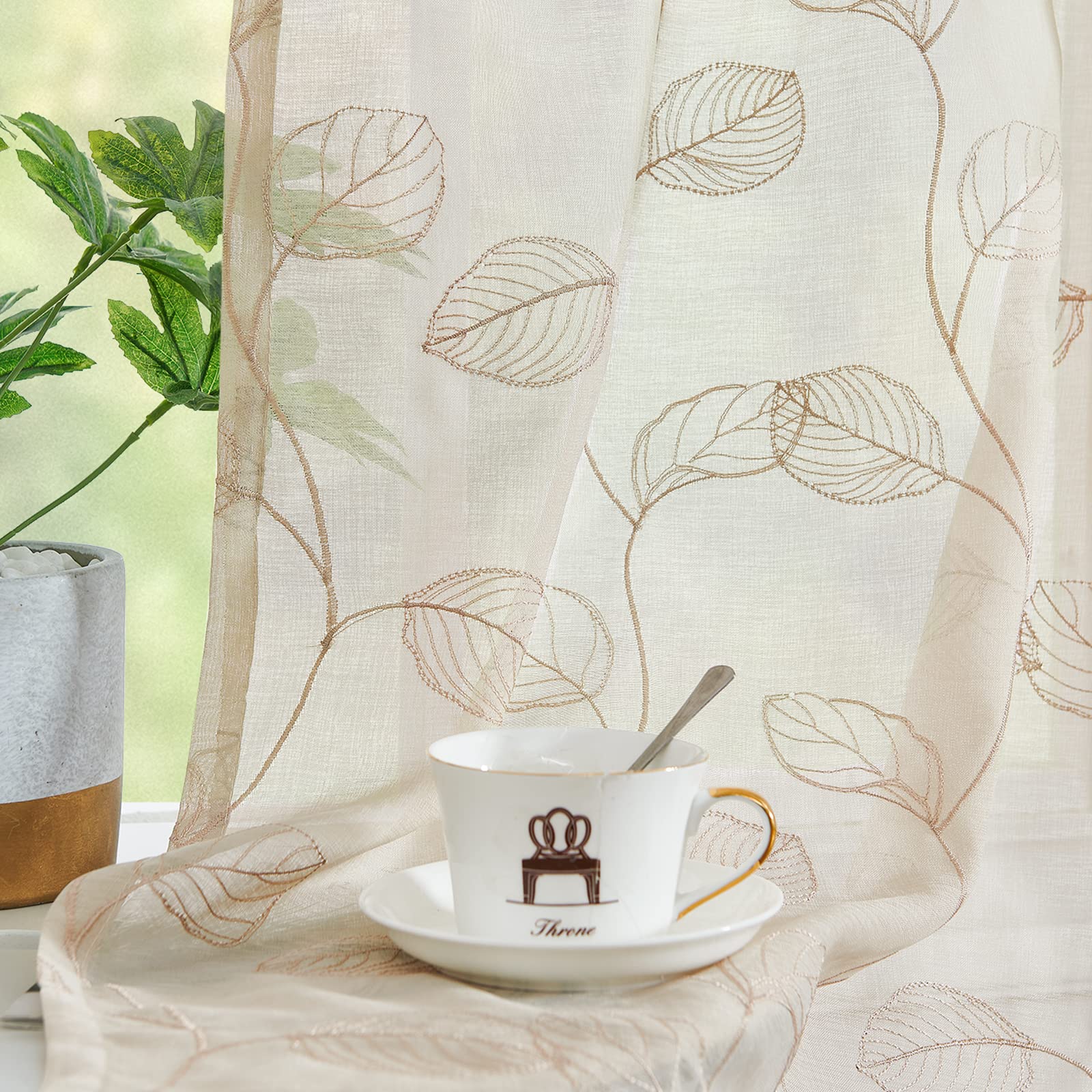 Beige Sheer Kitchen Curtains with Leaf Embroidery - Voile Tiered Window Panels for RV, Camper, Farmhouse, Bathroom & Basement - 36 Inch Rod Pocket, 2 Panels - Perfect for Small Windows, French Doors & Cozy Home Decor