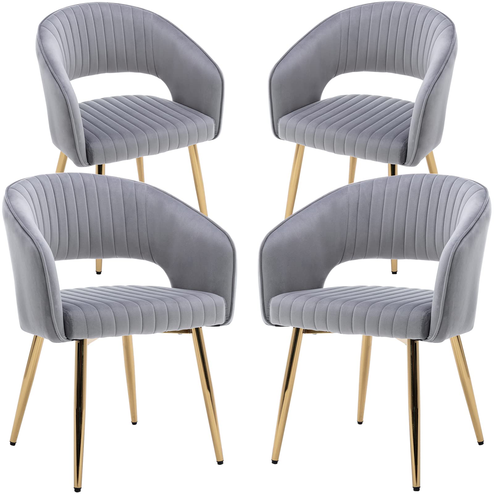 Modern Velvet Dining Chairs with Gold Metal Legs - Set of 4 Grey Upholstered Kitchen & Dining Room Chairs with Hollow Back Design - Elegant Accent Chairs for Living Room, Kitchen, Dining Area & Home Decor (Grey, 4 Pack)