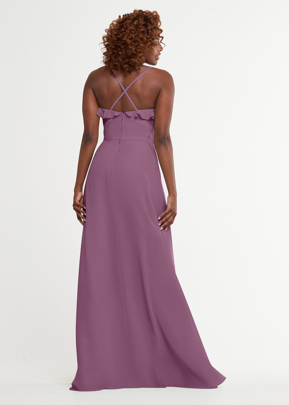Elegant 80174 Chiffon A-Line Bridesmaid Dress with Ruffles & High Slit - Perfect for Weddings, Prom & Formal Events