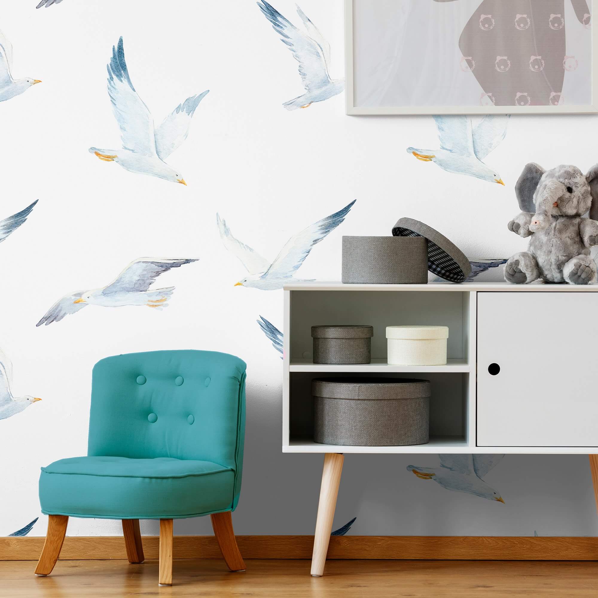 Blue and White Nautical Bird Peel and Stick Removable Wallpaper - Self-Adhesive Decorative Wall Covering for Bedroom, Bathroom, Nursery, or Office Decor