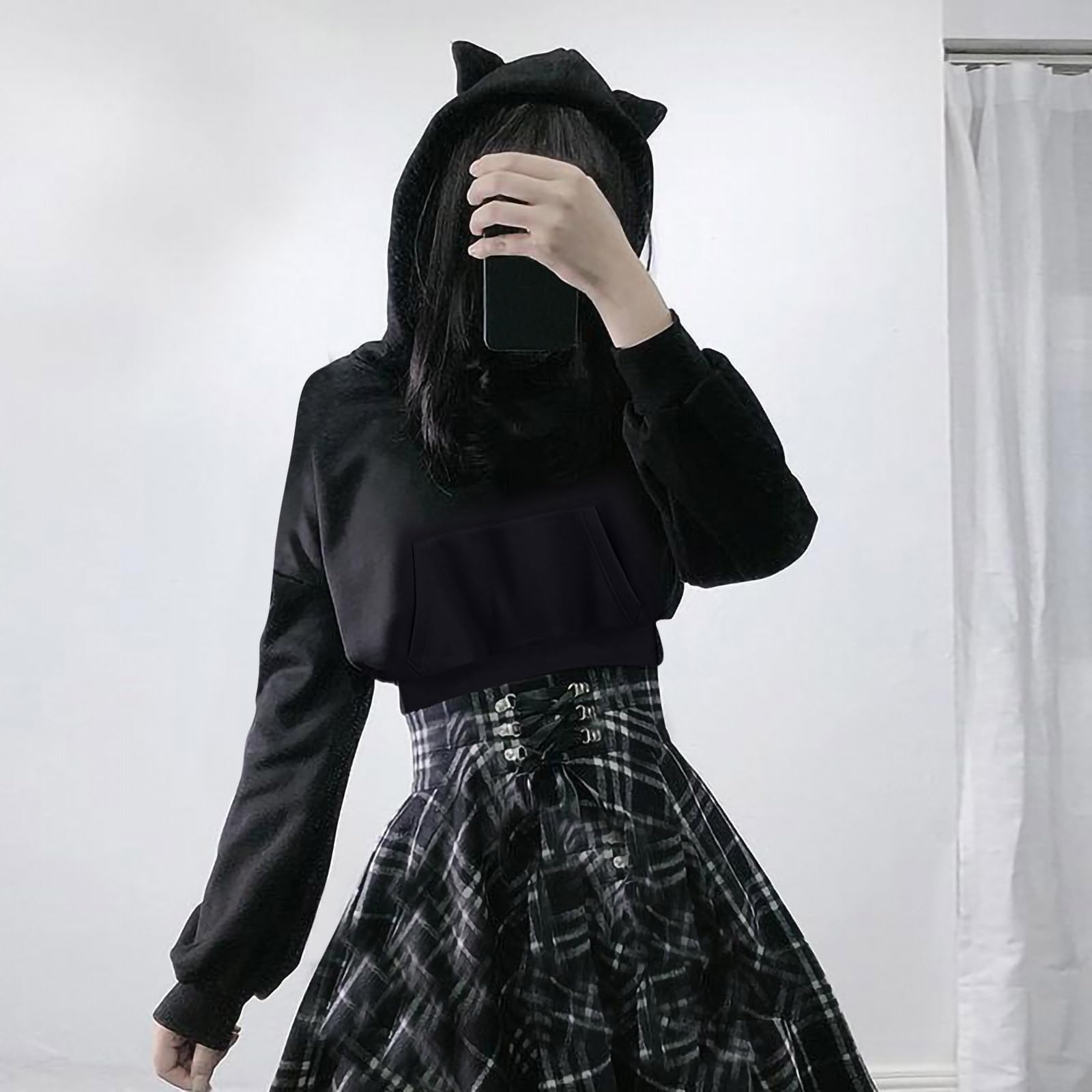 Cute Cat Ear Hoodie for Women & Girls - Long Lantern Sleeve Gothic Crop Sweatshirt with Pocket | Y2K Fashion, Casual Fall Pullover Top for Streetwear & Halloween Costume