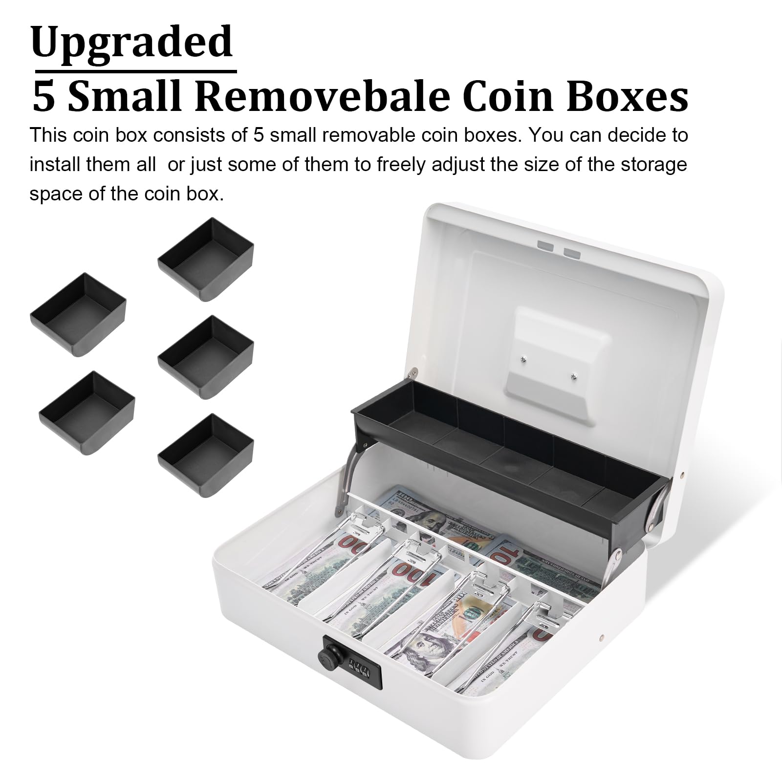Metal Cash Box with Combination Lock - Secure Money Safe Box with Cash Tray, 4 Bill & 5 Coin Slots (11.8x9.5x3.5 Inches, White) - Perfect for Retail Stores, Home Savings & Office Cash Management